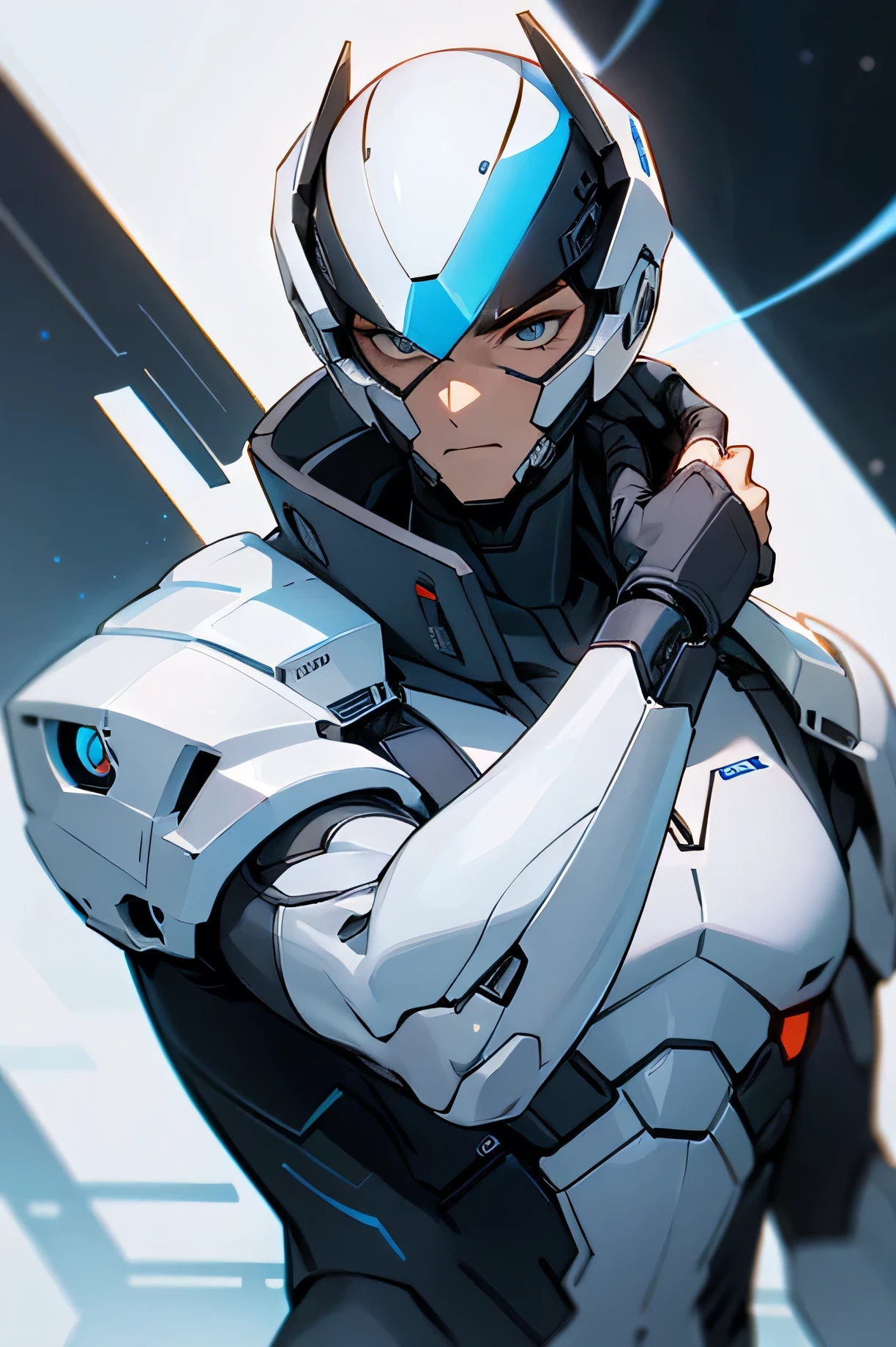 Handsome man 22 years old　　Fierce　Very short, cropped black hair　　Short cut　cyborg　future　universe　Science fiction　The background is the galaxy universe　looking at the camera　White and blue armor　Wearing a white helmet　White rubber suit　Plug Suit　Bulge　《Helmet 　Wearing a white helmet》