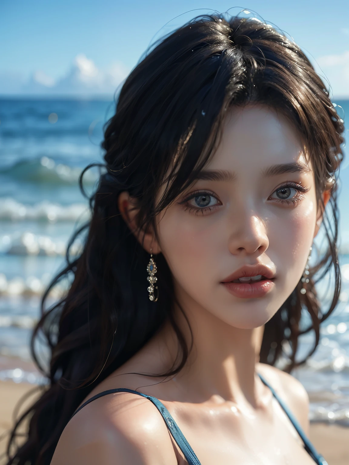 (Best Quality, 4k, 8k, High Resolution, Masterpiece: 1.2), Super Detailed, (Realistic, Photorealistic, Photorealistic: 1.37), Woman in Swimsuit, Beautiful Detailed Eyes, Beautiful Detailed Lips, Very Detailed face and skin, long eyelashes, bright smile, bright colors, standing figure, full body depiction, woman standing on the beach