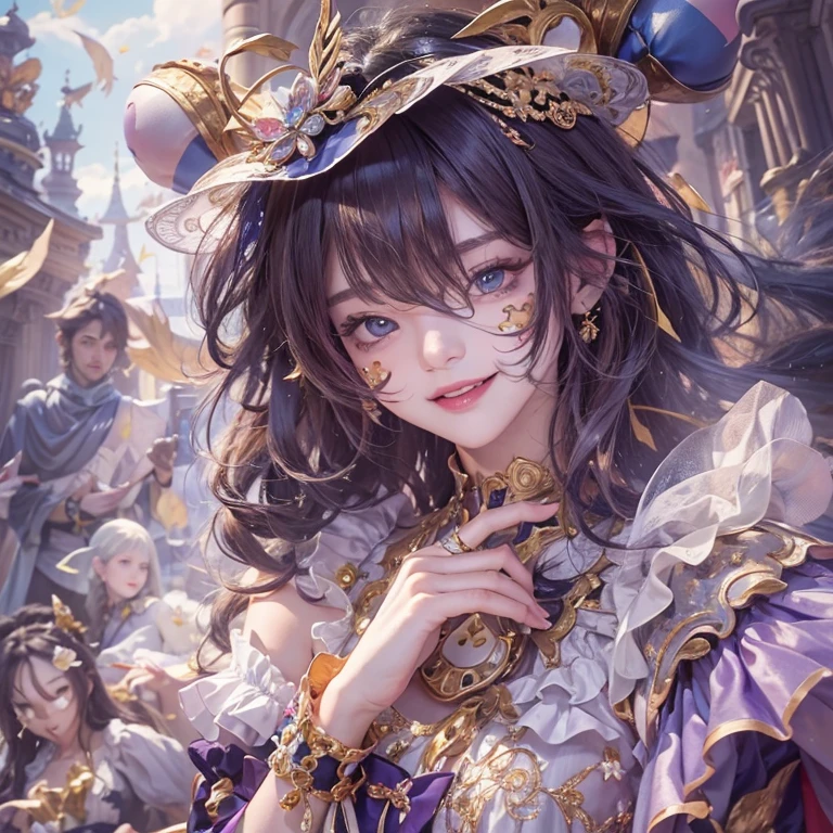 Hiding in the castle、Hair flow、 ((highest quality、masterpiece、8k、Best image quality、Ultra-high resolution、Award-winning works)、(Accurate anatomy:1.1)、(Look at me and smile:1.1)、Shining fair skin with Ultra-high resolution、The most detailed face、Ultra-high resolution detailed face、Ultra-high resolutionの髪の毛、(Ultra-high resolutionの煌めく瞳:1.1)、Beautiful face drawn in every detail、Cheerful clown costume, Chest to chest, tattoo,、Subtle clown makeup、Masquerade and masks
