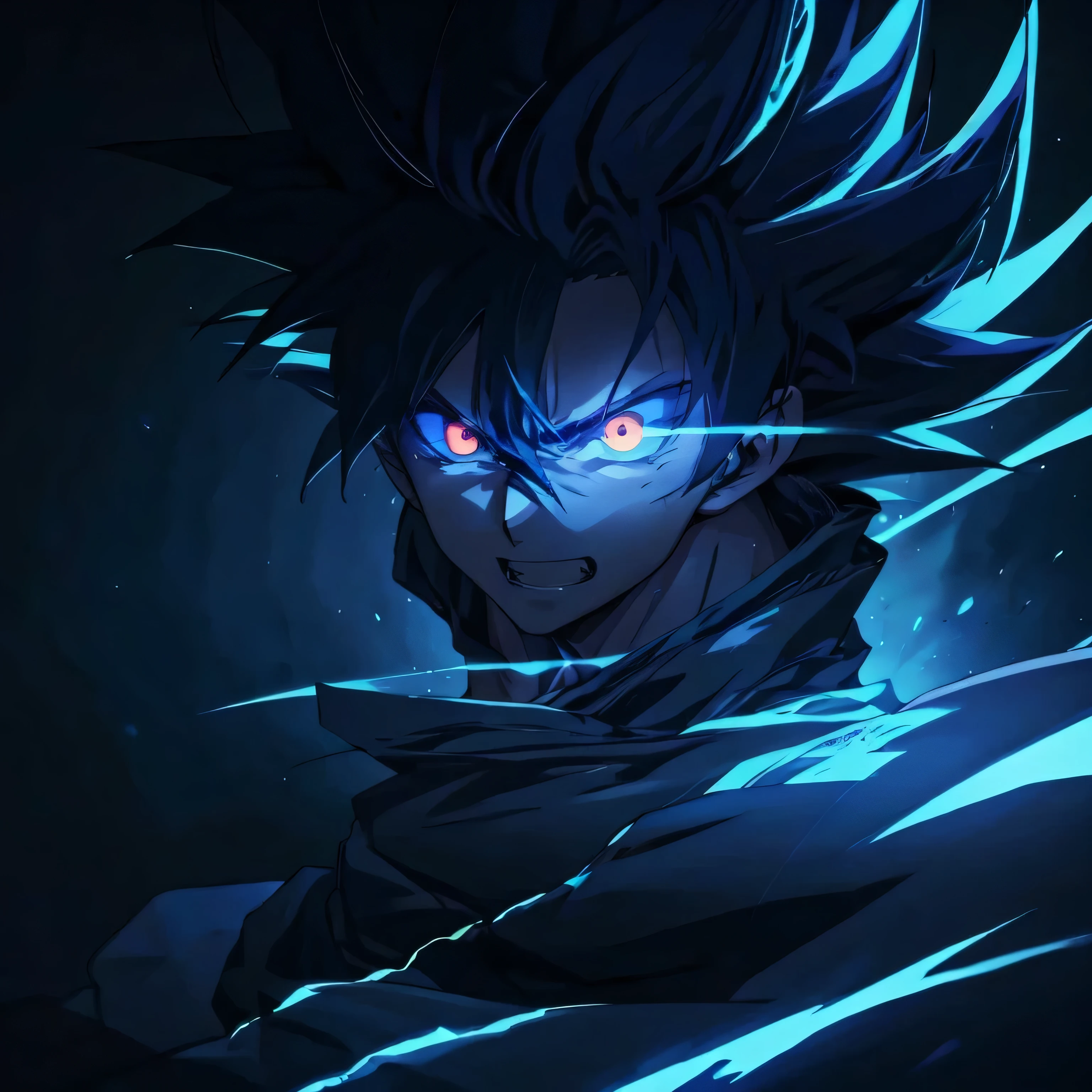 anime character with glowing eyes and a black background, badass anime 8 k, epic anime style, anime epic artwork, glowing blue electric aura, electric aura, wild spiky orange saiyan hair, anime wallaper, 