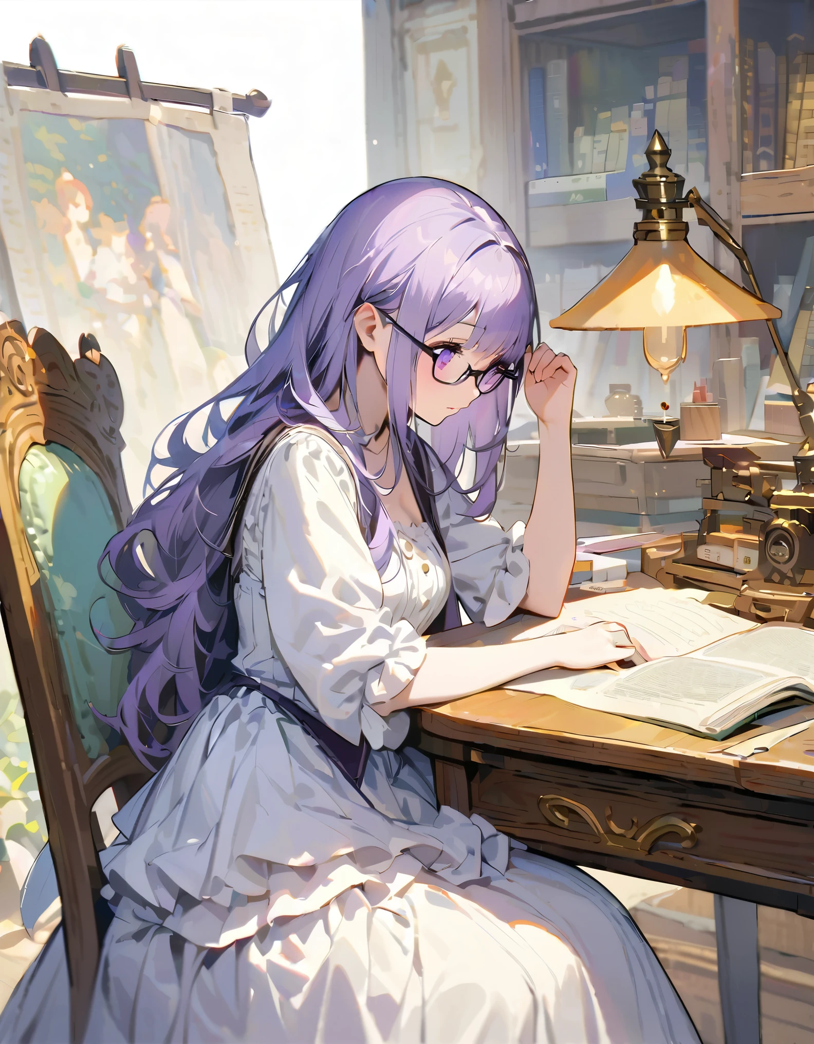 (White Background:1.5)A girl wearing glasses doing research in her study, Sitting at the table、Beautiful and detailed, Purple long hair, Pale purple eyes, Princess Dress,Impressionist art