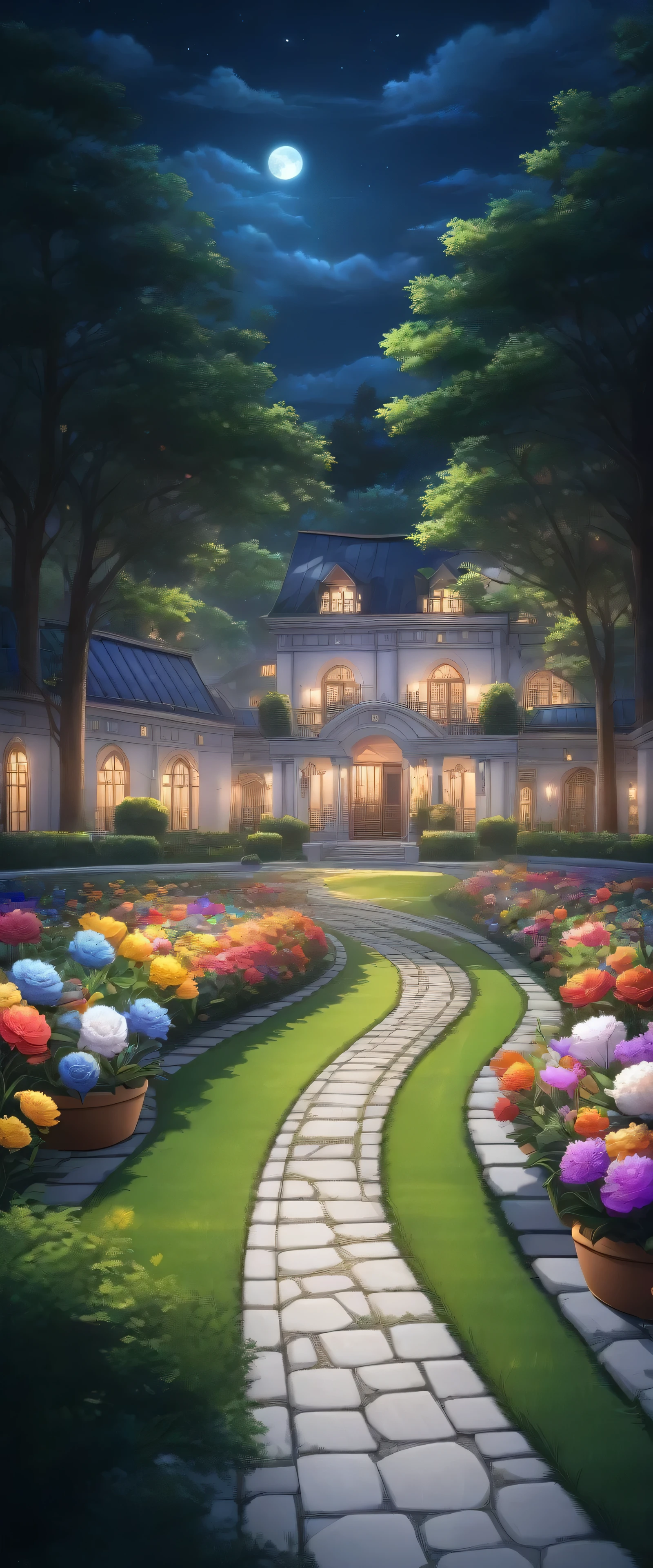 luxury mansion, many trees, Colorful Garden, flower pots, white stone path, green grass, dark night, stars, moonlight