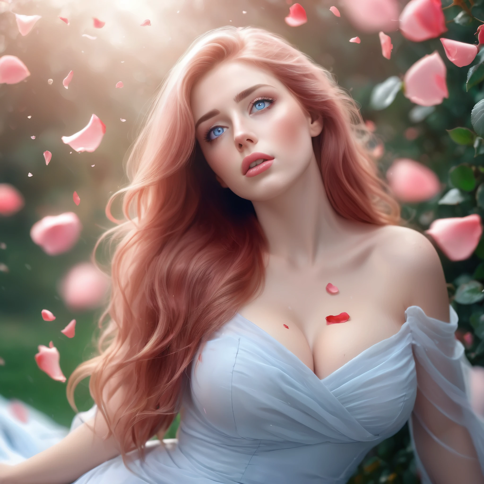 (best quality, realistic, ultra-detailed), a beautiful woman, large breasts, looking up, hair blowing in the wind, and red rose petals falling. perfect makeup, detailed eyes, and lips, long flowing pink hair and blue eyes, graceful pose, vibrant colors, soft lighting, romantic atmosphere, elegant and confident expression, delicate features, flowing dress, natural surroundings, dreamy ambiance. canon eos r3, 20 megapixels