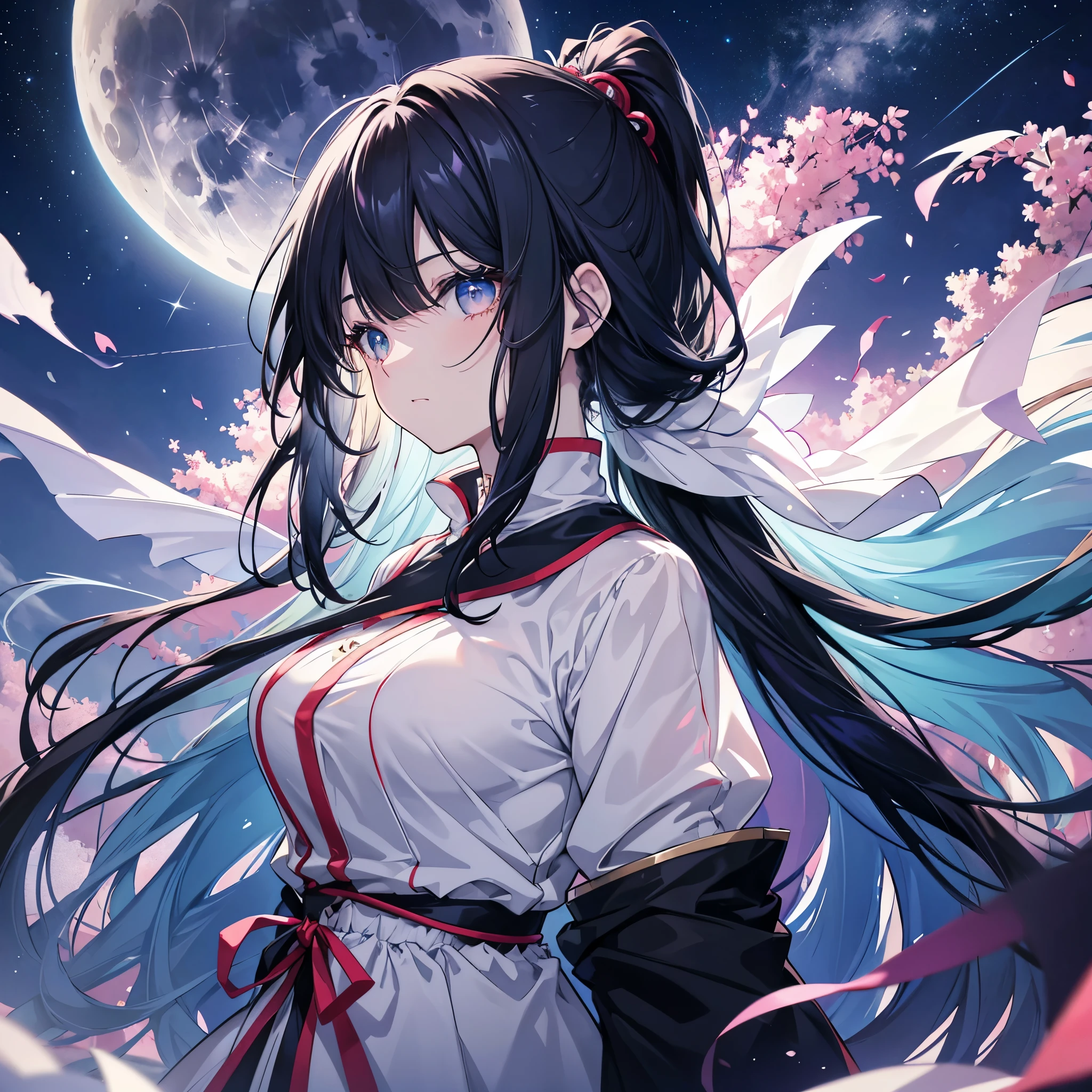 anime、Vibrant colors、A calm and collected beauty、20-year-old、Black Hair、Long Hair、Straight Hair、The bangs are cut above the eyebrows、Narrow eyes、Slanted Eyes、Bright eyes、Sparkling eyes、Large Breasts、profile、Night Sky、full moon