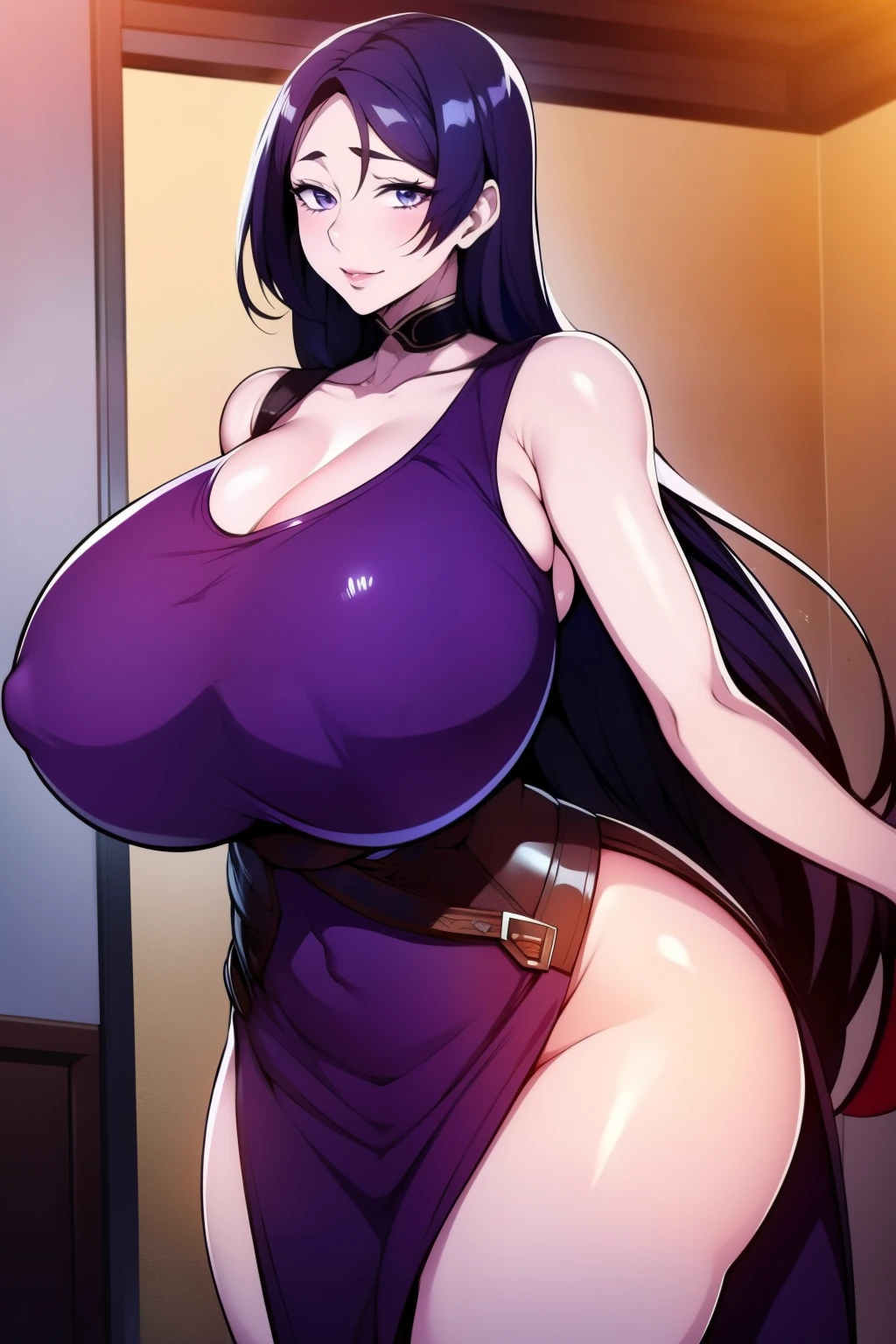An anime-style artwork depicting minamoto no raikou from the game fate.
Tags: hmmr1, anime, detailed eyes, detailed lips, ass, (purplish blue hair), purple eyes, bare shoulders, (minidress:1.2), cleavage, long hair, solo, huge breasts, smiling expression, intense gaze, dynamic pose, indoor, palace, vibrant colors, digital art, high-resolution, professional quality, gigantic breasts, curvy, cowboy shot, (gigantic breasts: 1.4)