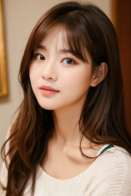 best quality, beautiful, Curvy Body, 22 years old woman, chuckle, medium hair, brown hair, Double eyelids Eyes, Twinkling Eyes, looking at viewer, Pencil-thin Eyebrows, Pointed Nose, Glossy Mouth, full body, glamorous pose, kawaii