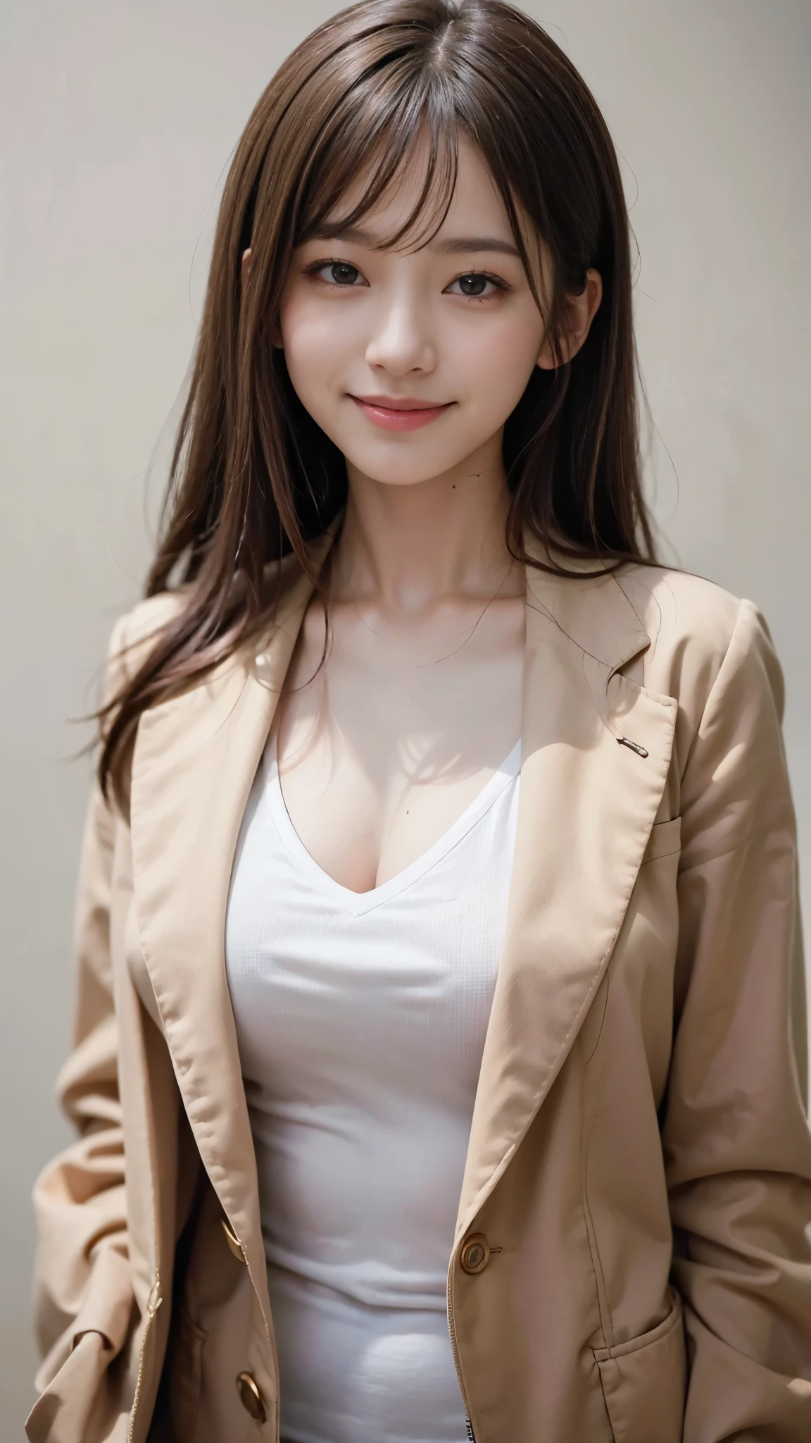 ((highest quality、Masterpiece、High resolution))、(((Zoom photo of upper body)))、(A shy smile:1.2)、One -yeld fee、Beautiful Skin、Beautiful Eyes、Large Breasts、blazer、shirt、Brown Hair、Trimmed bangs、Semi-long hair