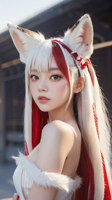 masterpiece, highest quality ,Full body photo、 Awareness-raising,1 perfect portrait of a girl, A fascinating eye for perfect detail, Colorful Hair, (red+White and soft hair:1.6), (White Fox Ears:1.3), ファンタジーなredい背景, {Sexy exposed bare shoulders} ,{Long-term alienation_sleeve}, {Lean forward slightly}, If you look up, hair ornaments, {shy },Please keep your mouth shut, Tilt your head, Cinema Lighting, Larger clothes, ((Seductive pose)), 