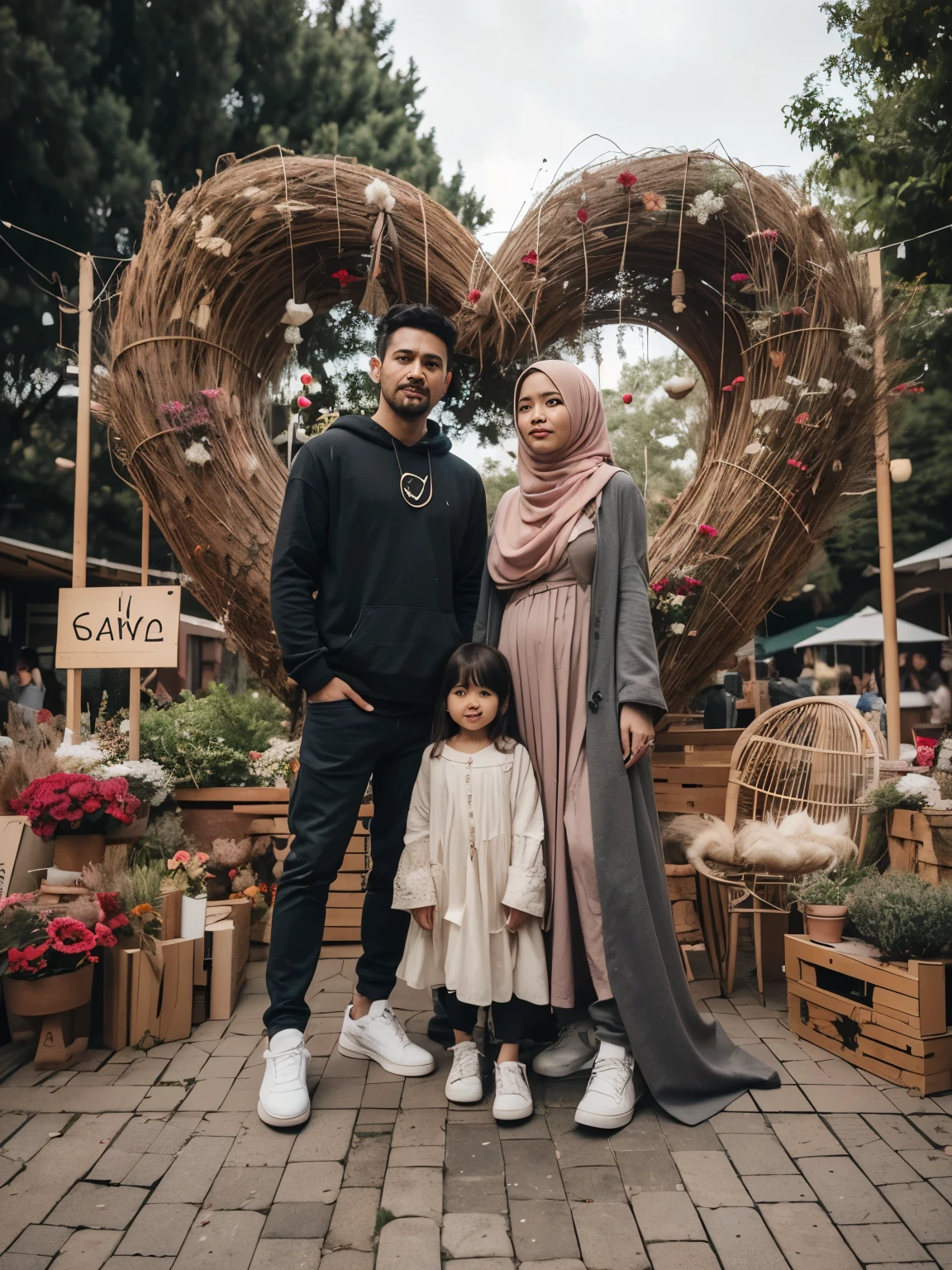 there is a man and woman standing next to a , fullbody or portrait, an indonesian family portrait, happy family, perfect android girl family, inspired by Shaddy Safadi, casual modern clothing, of a family standing in a park, full protrait, full body photogenic shot, casual clothing style, realism art, lovely couple, inspired by Ismail Acar, couple