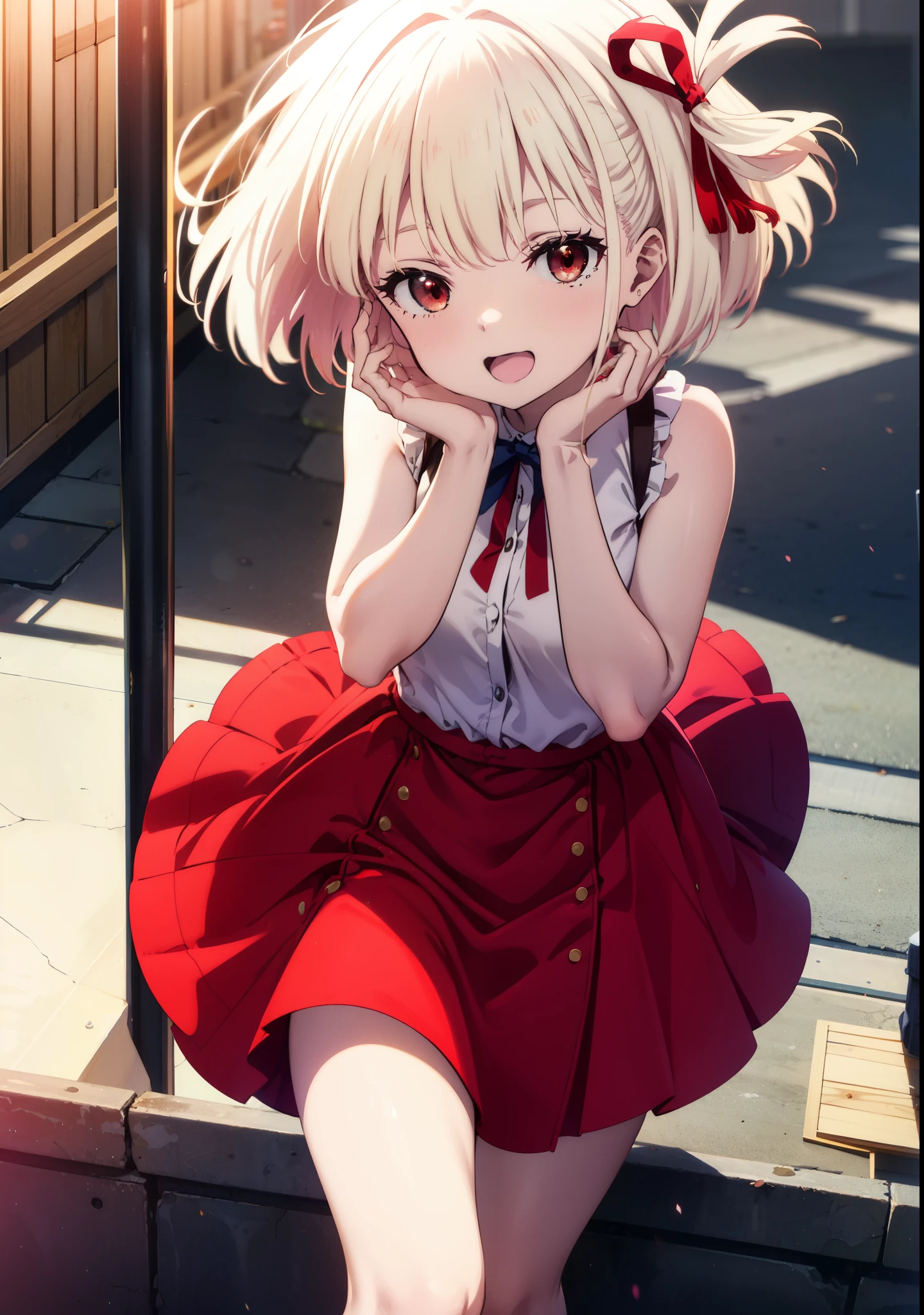 chisatonishikigi, Chisato Nishikigi, short hair, bangs, blonde, (Red eyes:1.5), Hair Ribbon, One side up, Bobcut,happy smile, smile, Open your mouth,smile,blush,Red long skirt dress,Sleeveless,Bare arms,Rocket Pendant,Cute Sandals,White Hat,real summer,sunny,As if your whole body is in the illustration, break outdoors, Coastal Road, break looking at viewer, (Cowboy Shot:1.5), break (masterpiece:1.2), highest quality, High resolution, unity 8k wallpaper, (shape:0.8), (Beautiful details:1.6), Highly detailed face, Perfect lighting, Extremely detailed CG, (Perfect hands, Perfect Anatomy),