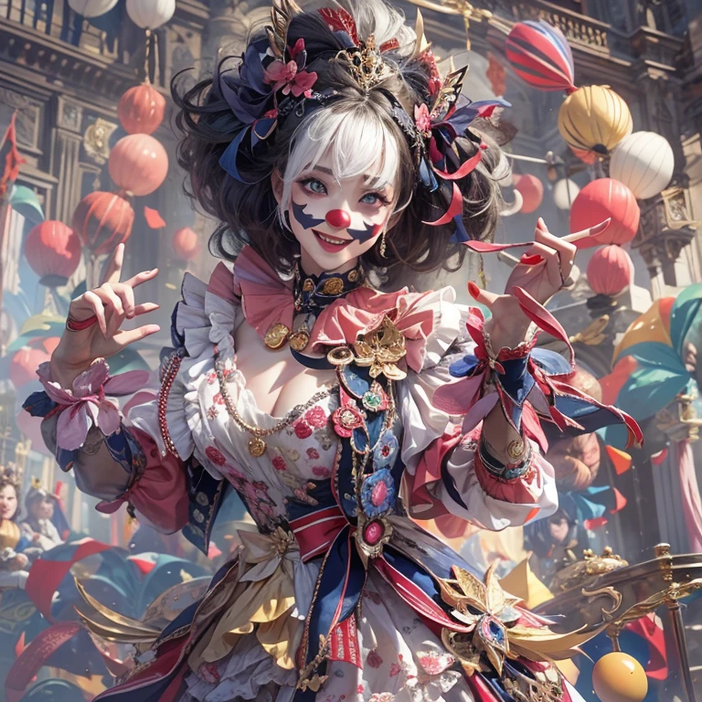 Hiding in the castle、Hair flow、 ((highest quality、masterpiece、8k、Best image quality、Ultra-high resolution、Award-winning works)、(Accurate anatomy:1.1)、(Look at me and smile:1.1)、Shining fair skin with Ultra-high resolution、The most detailed face、Ultra-high resolution detailed face、Ultra-high resolutionの髪の毛、(Ultra-high resolutionの煌めく瞳:1.1)、Beautiful face drawn in every detail、(Blurred Background:1.1)、Cheerful clown costume, Chest to chest, tattoo,、Clown Makeup、Holding a masquerade mask