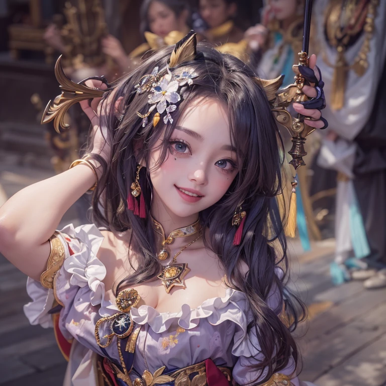 Hiding in the castle、Hair flow、 ((highest quality、masterpiece、8k、Best image quality、Ultra-high resolution、Award-winning works)、(Accurate anatomy:1.1)、(Look at me and smile:1.1)、Shining fair skin with Ultra-high resolution、The most detailed face、Ultra-high resolution detailed face、Ultra-high resolutionの髪の毛、(Ultra-high resolutionの煌めく瞳:1.1)、Beautiful face drawn in every detail、(Blurred Background:1.1)、Cheerful clown costume, Chest to chest, tattoo,、Clown Makeup、Holding a masquerade mask