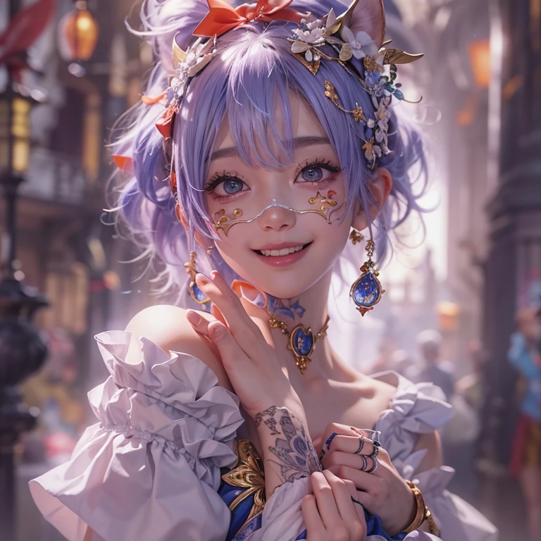 Hiding in the castle、Hair flow、 ((highest quality、masterpiece、8k、Best image quality、Ultra-high resolution、Award-winning works)、(Accurate anatomy:1.1)、(Look at me and smile:1.1)、Shining fair skin with Ultra-high resolution、The most detailed face、Ultra-high resolution detailed face、Ultra-high resolutionの髪の毛、(Ultra-high resolutionの煌めく瞳:1.1)、Beautiful face drawn in every detail、Cheerful clown costume, Chest to chest, Colorful Makeup、Masquerade、put a mask on