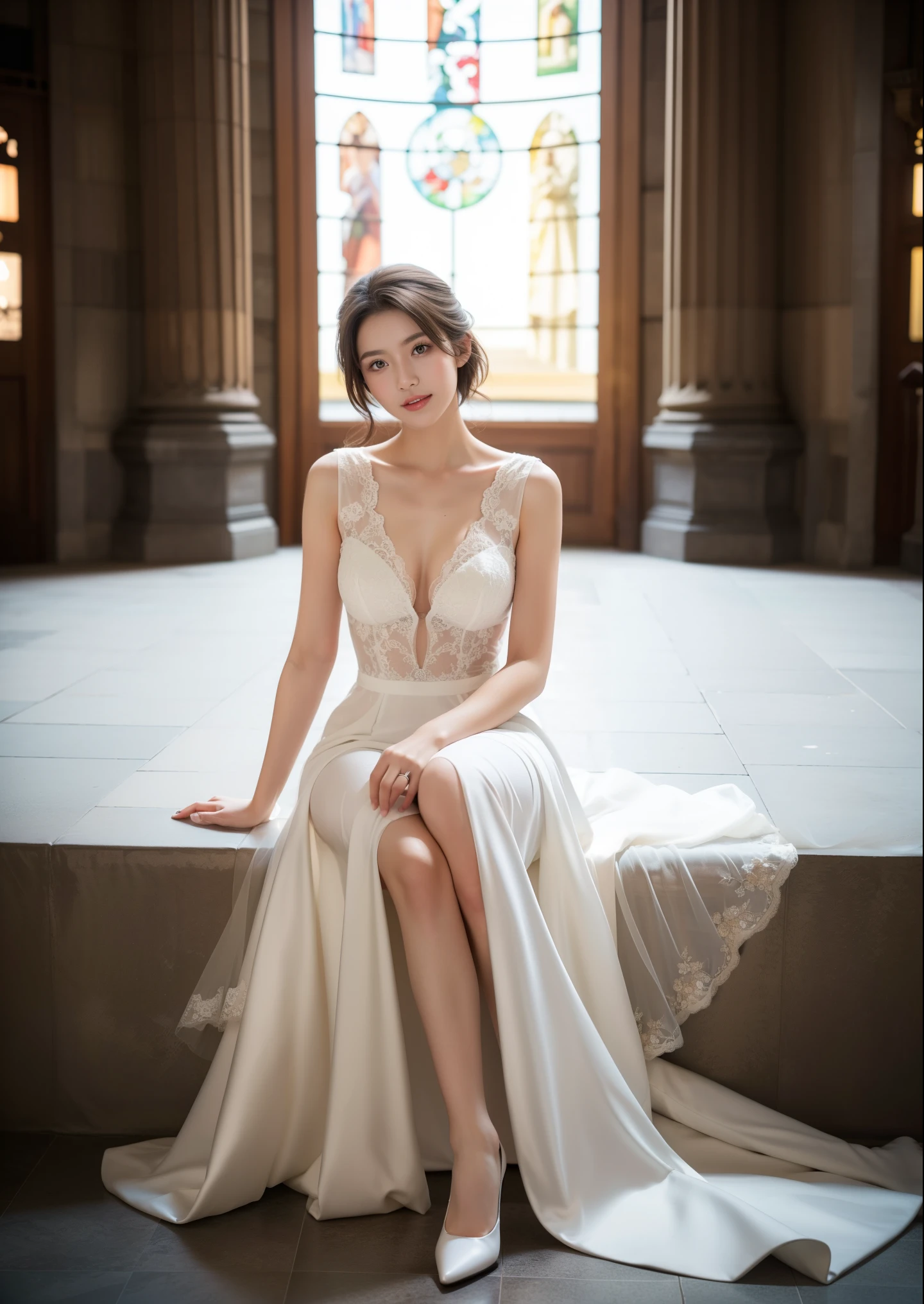 Beautiful 25 year old woman。She is wearing a wedding dress. She is smiling on illuminated by the evening church lights on the romantic sunset time. her dark brown short length hair. High resolution、masterpiece、highest quality、頭w:1.0、((Hasselblad Photos))、fine skin、(movie lighting)、clavicle . full body picture.