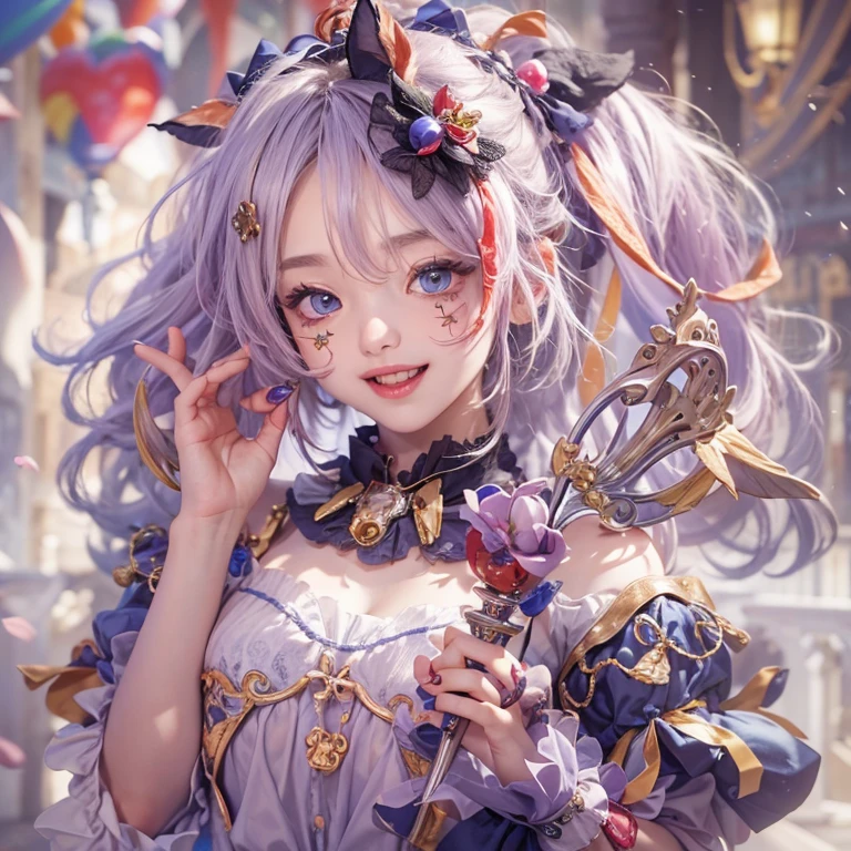 Hiding in the castle、Hair flow、 ((highest quality、masterpiece、8k、Best image quality、Ultra-high resolution、Award-winning works)、(Accurate anatomy:1.1)、(Look at me and smile:1.1)、Shining fair skin with Ultra-high resolution、The most detailed face、Ultra-high resolution detailed face、Ultra-high resolutionの髪の毛、(Ultra-high resolutionの煌めく瞳:1.1)、Beautiful face drawn in every detail、Cheerful clown costume, Chest to chest, Colorful Makeup、Half-masked at a masquerade ball