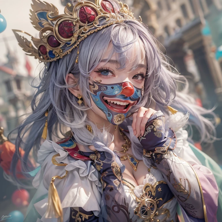 Hiding in the castle、Hair flow、 ((highest quality、masterpiece、8k、Best image quality、Ultra-high resolution、Award-winning works)、(Accurate anatomy:1.1)、(Look at me and smile:1.1)、Shining fair skin with Ultra-high resolution、The most detailed face、Ultra-high resolution detailed face、Ultra-high resolutionの髪の毛、(Ultra-high resolutionの煌めく瞳:1.1)、Beautiful face drawn in every detail、(Blurred Background:1.1)、Cheerful clown costume, Chest to chest, tattoo,、Clown Makeup、Holding a masquerade mask