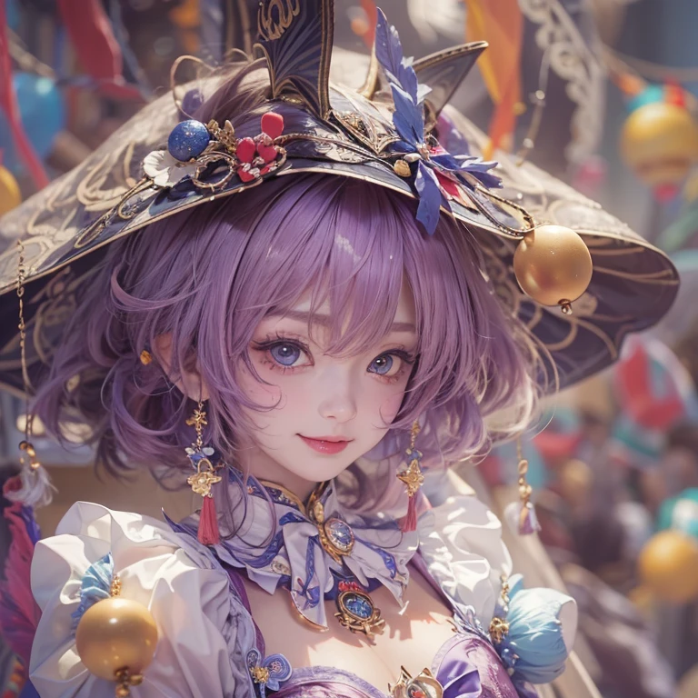Hiding in the castle、Hair flow、 ((highest quality、masterpiece、8k、Best image quality、Ultra-high resolution、Award-winning works)、(Accurate anatomy:1.1)、(Look at me and smile:1.1)、Shining fair skin with Ultra-high resolution、The most detailed face、Ultra-high resolution detailed face、Ultra-high resolutionの髪の毛、(Ultra-high resolutionの煌めく瞳:1.1)、Beautiful face drawn in every detail、(Blurred Background:1.1)、Cheerful clown costume, Chest to chest, tattoo,、Clown Makeup、Holding a masquerade mask