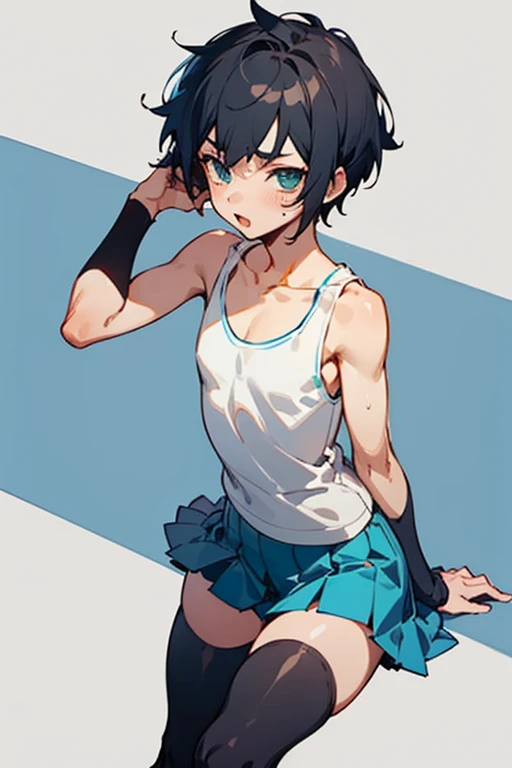 1 boy, boy, anime, femboy, black hair, short hair, boy short hair, boy hair, tank top, white t-shirt, short t-shirt, more short t-shirt, bare chested t-shirt, skirt, pleated skirt, aquamarine skirt, skirt short aquamarine, short skirt, sexy pose, long stockings, over the knee stockings, thigh high stockings, tight thigh stockings, black stockings 