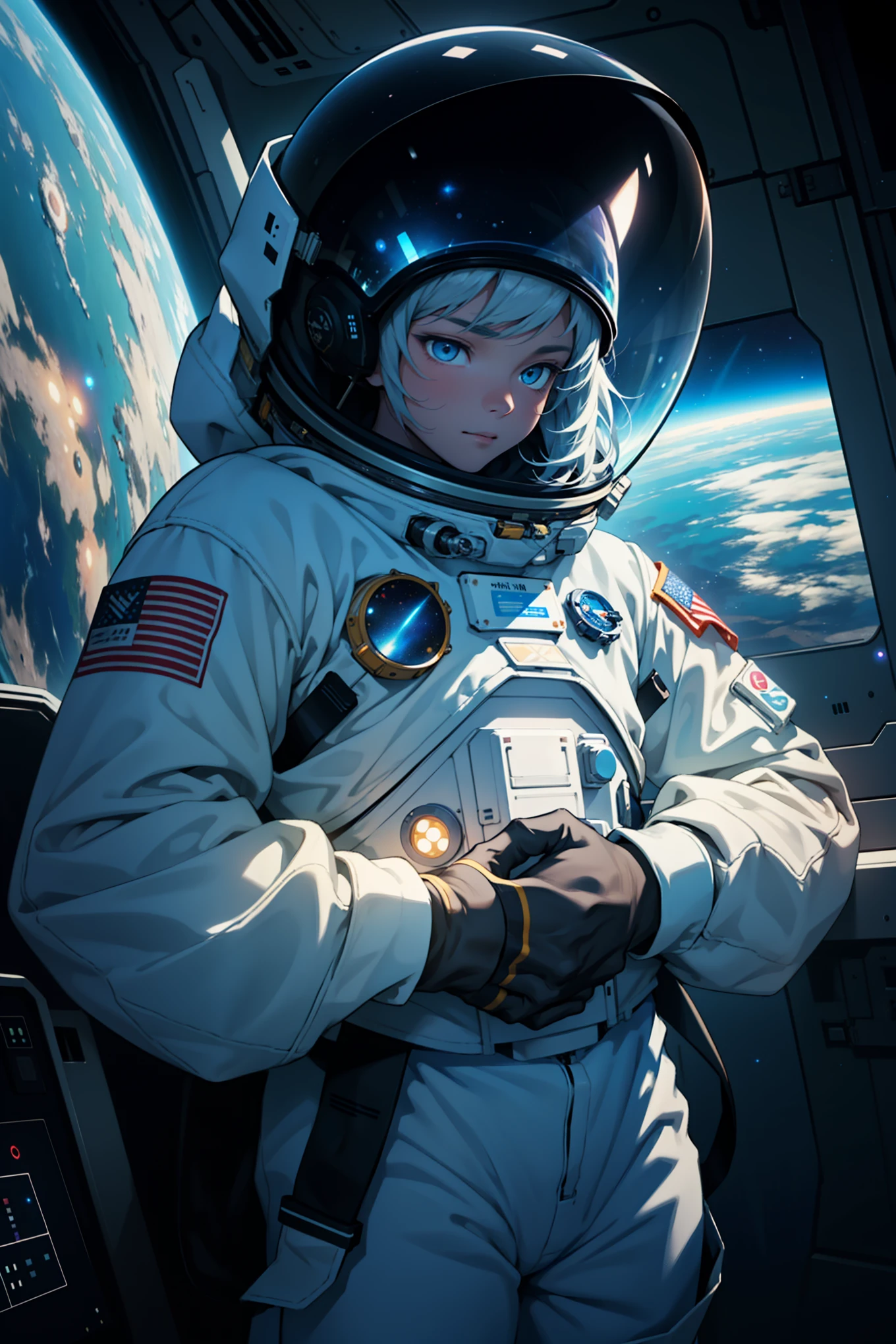Extremely detailed, Surrealism: A young astronaut, Wearing a sleek space suit,Smooth surface, In the vast outer space,毫不费力地漂浮在一艘闪亮的spacecraft旁边. Their small stature, The lights inside the spacecraft emit a soft blue light, Dwarfed by the vast background of rotating stars and galaxies, Twinkling lights create a mesmerizing celestial dance. Astronauts' helmets are reflective, Gaze into the boundless universe,Show a focused expression, The whole scene is filled with a sense of wonder and loneliness. spacecraft, Its intricate design can be seen in