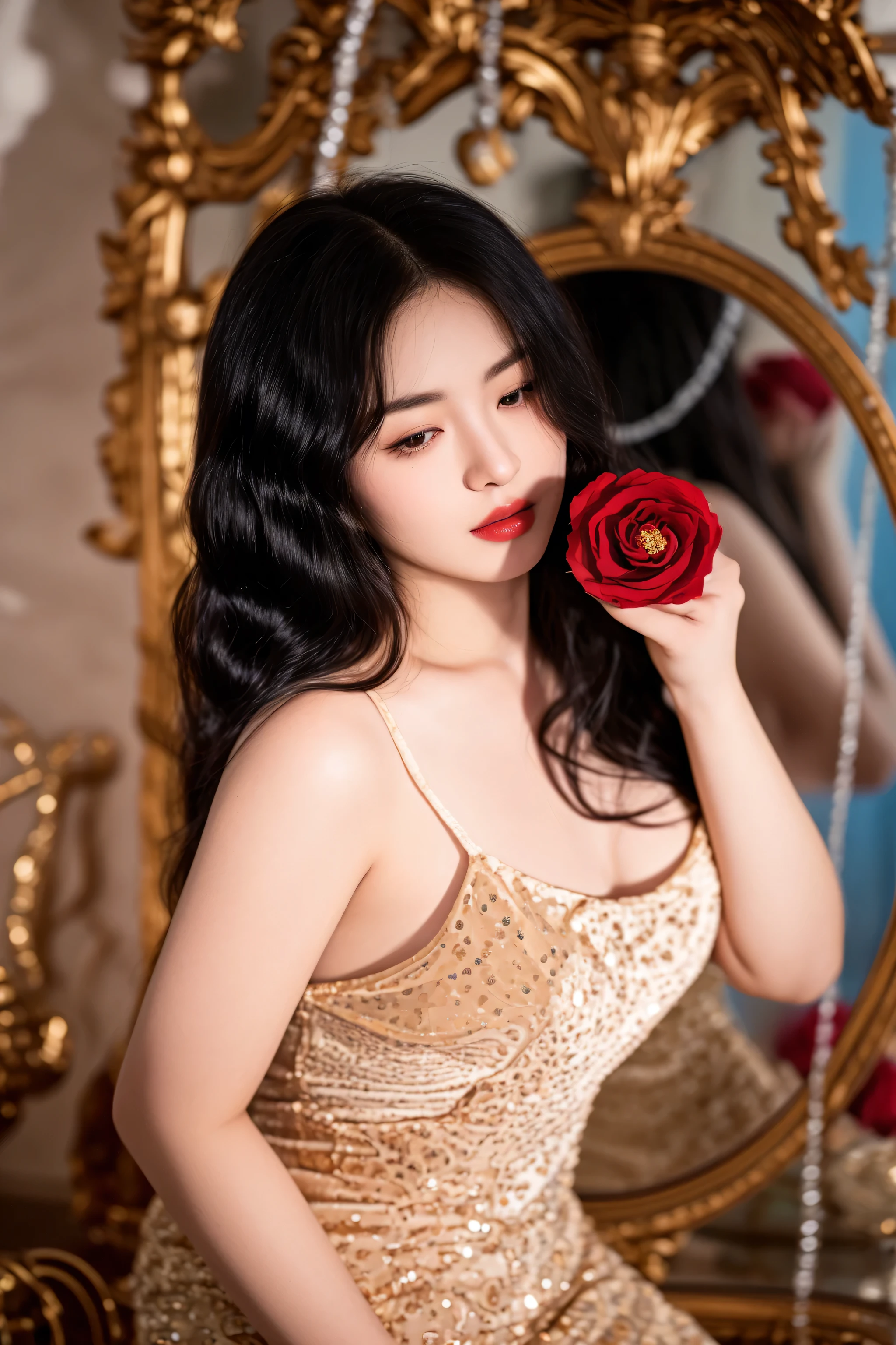 araffe woman in a gold dress holding a rose in front of a mirror, red rose in hair, holding a rose, an asian woman, lovely woman, portrait shot, captured on canon eos r 6, shot on nikon z9, holding a red rose, taken with canon eos 5 d mark iv, shot on canon eos r 5
