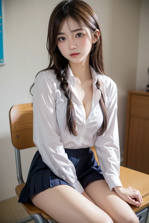 masterpiece,highest quality,High resolution,Very detailed, (Very detailedな目, Very detailedな顔)、((Browsing Caution))、(((Open the front of the shirt wide)))、Showing cleavage、Small breasts、((Small breasts))、I can see your thighs、Short skirt、(A cute  girl wearing a uniform sitting at a desk、Japanese、Japanese、Japanese girls uniform、Surreal、(Cute Hairstyles))、Beautiful anime school girlschool girl、学校のをwear、リアルなYoung Gravure Idol、wear、Young and beautiful gravure idol、Surreal 、Young Gravure Idol