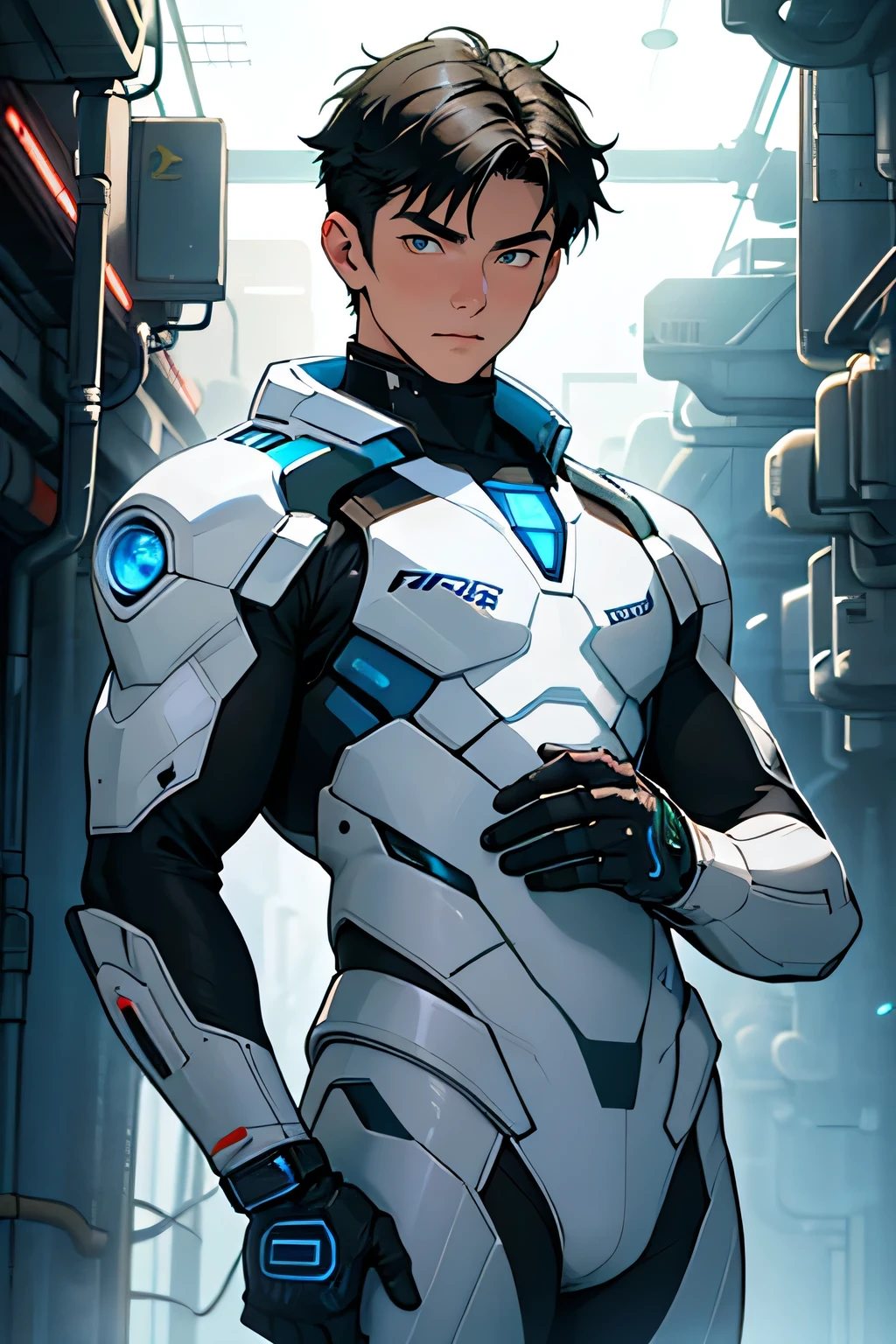 Handsome 18-year-old boy with a baby face　Very short, cropped black hair　　cyborg　future　universe　Science fiction　The background is the galaxy universe　looking at the camera　From the feet to the whole body　White and blue armor　White rubber suit　Plug Suit　A green LED shines on the body.