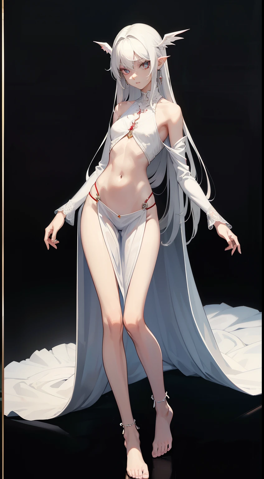 ((best quality)), ((masterpiece)), (detailed), perfect face, Character design, female, long white grey hair, wearing a white angelic dress, red grey eyes, small frame, very skinny, detailed, best quality, no accesoires around the neck, no shoes, prominent collarbones, skinny arms, flat stomach, visible hip bones, full body, vampire