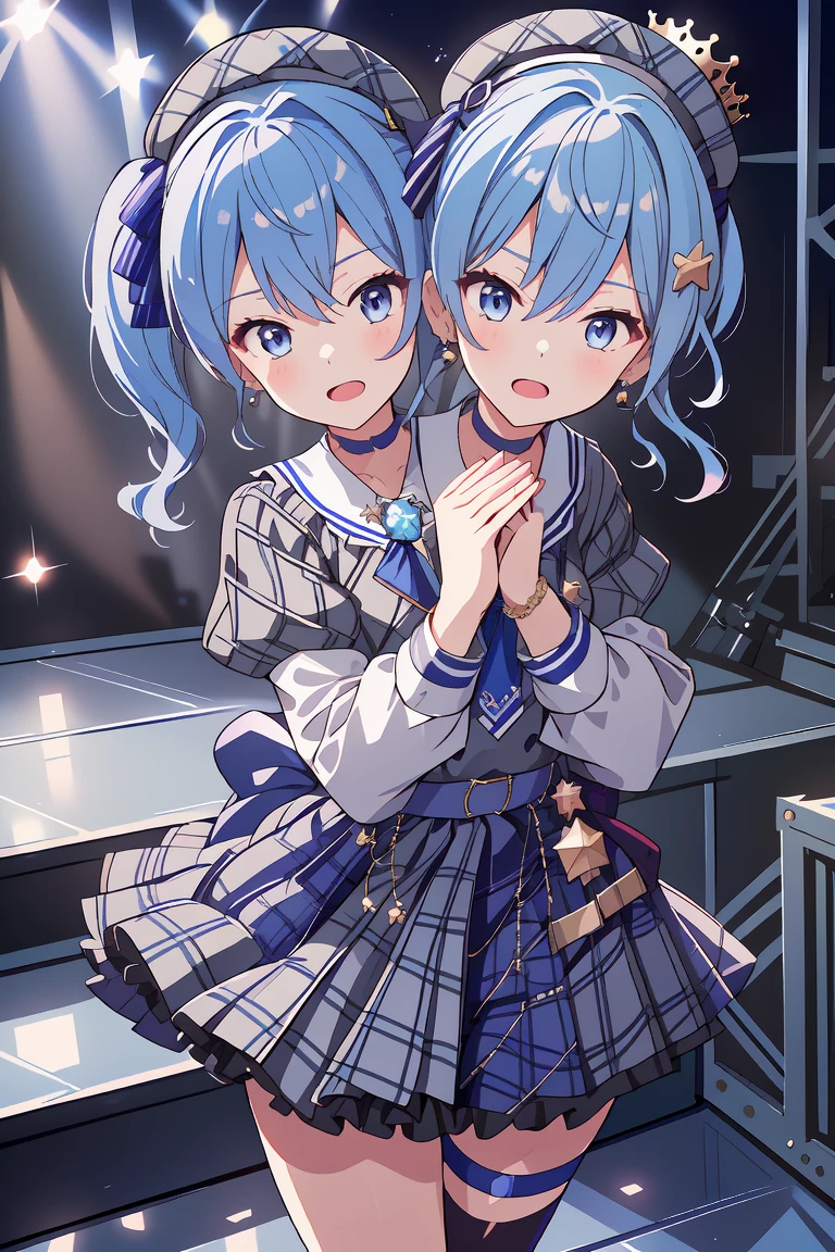 (masterpiece, best quality), best resolution, 16k, (2heads:1.5), close-up, 1girl, solo, HoshimachiSuisei, side ponytail, blue hair ribbon, SuiseiBase, plaid beret, crown, blue star choker, star earrings, blue ascot, plaid jacket, plaid skirt, layered skirt, partially fingerless gloves, star bracelet, uneven legwear, thigh strap, (standing, stand straight), look at viewer, ((own hands together, praying hangs)), ((cheek-to-cheek)), singing, open mouth, stable, concert stage, starfield, spotlight