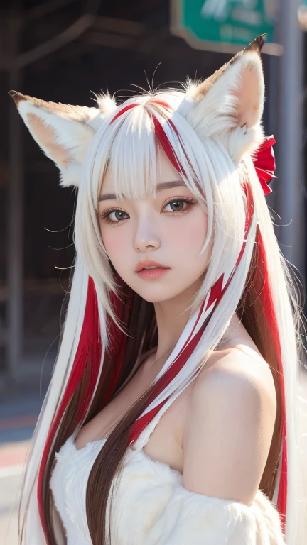 masterpiece, highest quality ,Full body photo、 Awareness-raising,1 perfect portrait of a girl, A fascinating eye for perfect detail, Colorful Hair, (red+White and soft hair:1.6), (White Fox Ears:1.3), ファンタジーなredい背景, {Sexy exposed bare shoulders} ,{Long-term alienation_sleeve}, {Lean forward slightly}, If you look up, hair ornaments, {shy },Please keep your mouth shut, Tilt your head, Cinema Lighting, Larger clothes, ((Seductive pose)), 