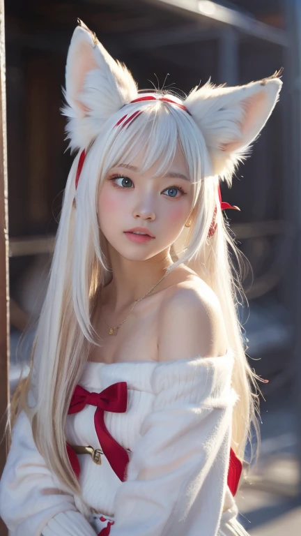 masterpiece, highest quality ,Full body photo、 Awareness-raising,1 perfect portrait of a girl, A fascinating eye for perfect detail, Colorful Hair, (red+White and soft hair:1.6), (White Fox Ears:1.3), ファンタジーなredい背景, {Sexy exposed bare shoulders} ,{Long-term alienation_sleeve}, {Lean forward slightly}, If you look up, hair ornaments, {shy },Please keep your mouth shut, Tilt your head, Cinema Lighting, Larger clothes, ((Seductive pose)),