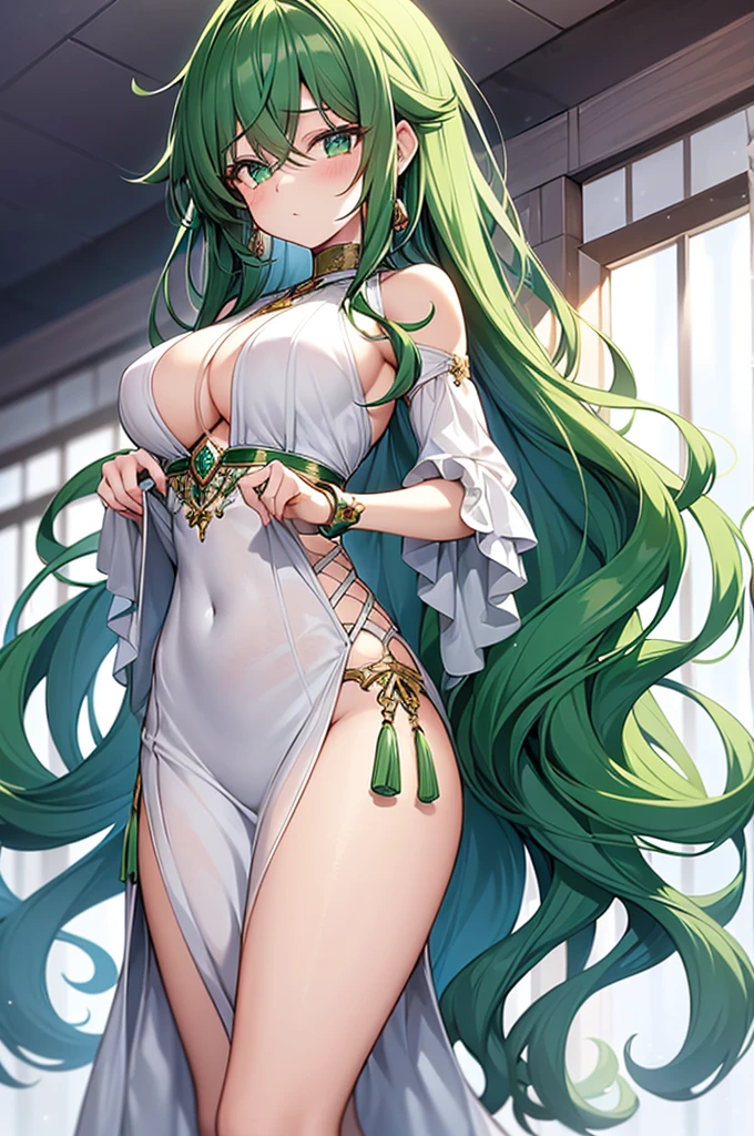 Create a highly detailed, high-quality image of Izuku Midoriya transformed into a girl or woman, exuding femininity with every aspect. Visualize her with vibrant green hair cascading in soft waves, perfectly complementing her piercing green eyes. She should be adorned in modern, fashionable attire that accentuates her feminine charm, with every detail meticulously crafted to showcase her newfound elegance. In this depiction, ensure that Izuku's feminine features are emphasized, from the gentle curve of her jawline to the softness of her expression. Let her wardrobe exude sophistication, with a blend of trendy and timeless pieces that reflect her individual style. Whether it's a chic dress, stylish blouse, or sleek trousers, each garment should be chosen with care to highlight her femininity. Pay attention to the finer details, such as the way her clothing drapes and the subtle accessories that add a touch of flair to her ensemble. Whether it's delicate jewelry or a fashionable handbag, every element should contribute to the overall elegance of the image. Ultimately, strive for a portrayal of Izuku Midoriya as a girl or woman that is both striking and authentic, capturing her essence in every brushstroke or pixel. Create a visually captivating piece that not only celebrates her transformation but also showcases her confidence and style in exquisite detail.
