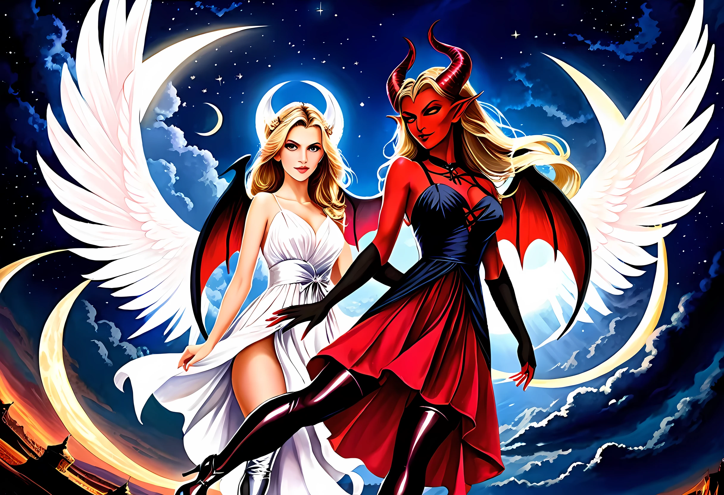 ((a picture of 2 women 1angel and 1demon), (highest quality, masterpiece, High resolution), 16K, fantasy art, RPG art BREAK a (1female angel: 1.3) , wearing dress, pale skin, best details beautiful face , (blond: 1.2) hair, long hair wavy hair (blue: 1.1) eyes, high heeled boots, wearing a dress, large angelic wings, (white: 1.2) angelic wings spread BREAK ((AND)) a (1female demon: 1.3), (red: 1.2) skin, demonic wings, (black: 1.1) demonic wings spread, demonic horns, (red: 1.1) skin, black hair, red eyes, best details beautiful face, wearing a dress, high heels, in the border between heaven and hell, moon, stars, clouds, god rays, soft natural light silhouette, dynamic angle, photorealism, panoramic view (Masterpiece 1.3, intense details) , Wide-Angle, Ultra-Wide