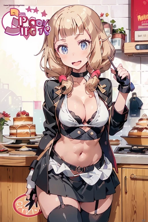 (dynamic angle:1.3, front view:1.1, breast focus:1.3, from above:1.1), (dynamic posing:1.2, sexy posing:1.2), (seductive smiling:1.3), ((looking at cake,Taking a cake out of the golden oven, worried about the outcome:1.2)),highest quality、(real、photorealistic:1.4),(ultra high resolution, 8K RAW photo, clear focus), best qualtiy, natural lighting, field depth, (Bright pupils, detailed beautiful eyes, high detailed face), Red lip, (tight focus:1.2), a girl 22yo old, Wearing a pastry chef uniform:1.3 , Thicc, thin breast, long hair, blue eyes,garter stocking, cleavage:1.2, midriff, black shorts, black thighhighs, thigh strap, pretty girl, (highly detailed beautiful face and eyes,firm breasts),real skin,((black,hair,long pony tail hair)),thin pubic hair,cute,lovely, detailed eyes,(double breasted:1.0,under bust:1.0),(with sparkling eyes and a contagious smile),open mouth, Looking at Viewer,A scene of cooking in the kitchen,looking at the golden oven