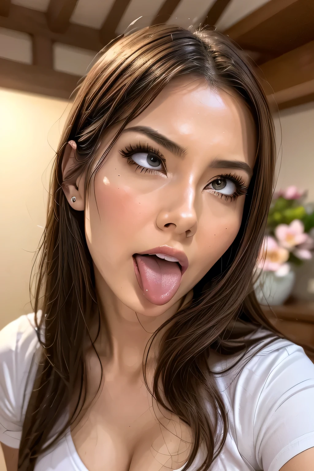 ((highest quality)),(超A high resolution),(Very detailed),(Detailed Description),((The best CG)),(masterpiece),Very detailedなアート、(highest quality、8k、32k、masterpiece)、(Realistic)、(Realistic:1.2)、(High resolution)、Very detailed, (Close-up face:1.6), Very beautiful face and eyes, Big eyes, 1 female、Tight waist、Delicate body、(highest quality、Attention to detail、Rich skin detail)、(highest quality、8k、Oil paints:1.2)、Very detailed、(Realistic、Realistic:1.37)、Bright colors、(Casual Fashion:1.3)glaring, furrowed brow, jitome, frown, ahegao,(( long tongue, oral invitation)), textured skin