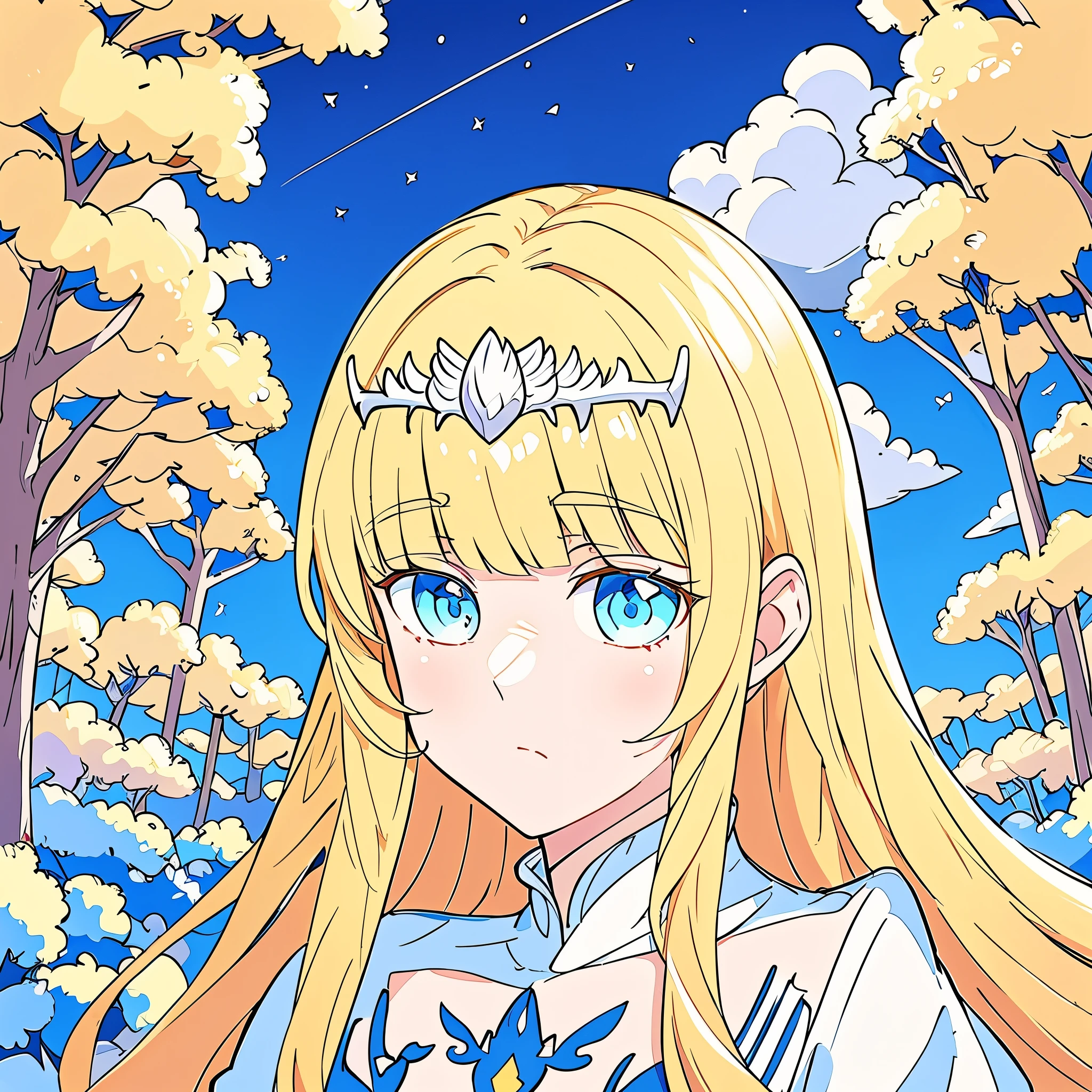 anime. soft lighting, anime, artwork in the style of Gweiz, portrait of anime, 1girl, solo, calca, blonde hair, medium chest, extremely long hair, very long hair, extra long hair, white tiara, white dress, blue eyes, forest background, daytime, beautiful sky