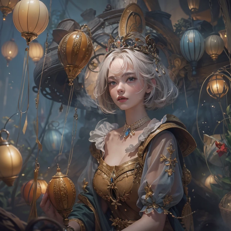 (masterpiece:1.3), (8k, Realistic, RAW Photos, Best image quality: 1.4), Fair-skinned fairy woman、short hair、Cleavage:2.0、Highly detailed face、Attention to detail、double eyelid、Sharp focus:1.2、Beautiful woman:1.4、highest quality、masterpiece、Ultra-high resolution、(Realistic:1.4)、Highly detailed and professionally lit smiles、カーネ・グリフィスを彷彿andさせる非常に詳細な線画, (Donald ?????&#39;clown:1.7), (balloon:1.4), With the power of Vadim Kassim&#39;大胆な色彩and質感, Light and airy, Like the works of Carl Larsson, dark background, dark, evil, fire, パスカル・ブランシュ風の超Realisticなキャラクター, pastel, Grace, Draandic lighting, Expressive camera angles, and, Concept Art, amusement park, masterpiece