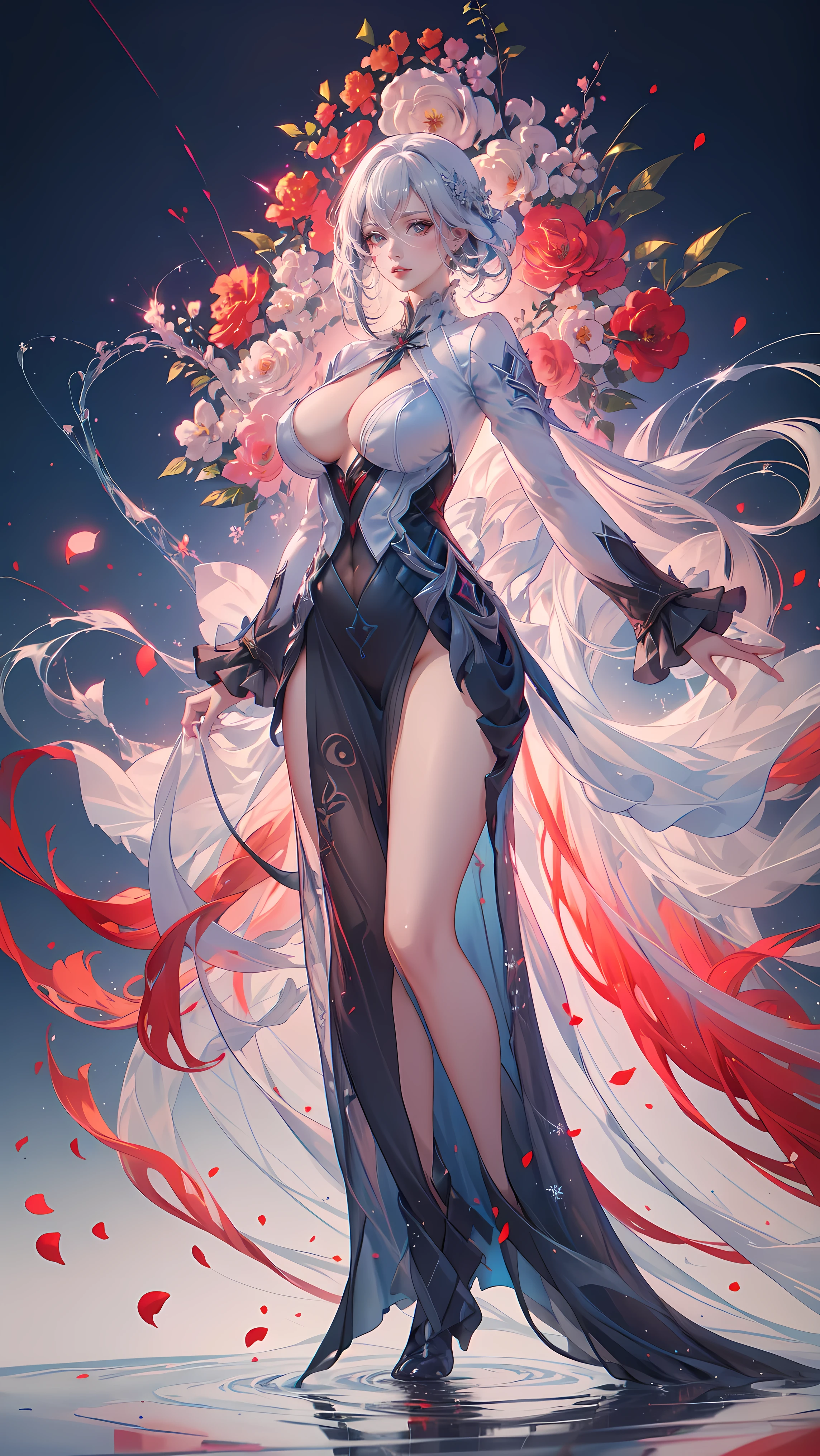 (((FULL BODY POSE))) (((SHOW PANTIES))) (((BIG GIANT BOOBS))) ((ANATOMY CORRECTED)) ((SILVER RED LUXURY ARISTOCRATIC NOBLE COSTUME)) | A WOMEN WEAR ((SEXY OUTFIT)) ((GRAY SHORT HAIR WITH BLACK HIGLIGHT)) FLOATING IN THE ((BLUE SKY BACKGROUND)) ((FLOWER PETALS FAILING BACKGROUND IS A BLUE SKY)))) HORIZON WITH STARS | big eyes, ((big boobs)) sexy pose, big thigh, full body, large breasts, open legs, show panties, smile, portrait knights of zodiac, extremely detailed ((pixiv arts)), high detailed official artwork, [ tarot card ]!!!!!, detailed key anime art, knights of zodiac anime, beautiful celestial mage, firefly from honkai star rails, full body | (dynamic angle:1.1), outline, ((thick line art)), cover, stylish, official art, (details:1.2), (fantasy), garden, (bloom:1.1), glow:0.2, shadow, nature, flower, splash water, crystal, snowflakes, particles, bokeh, anamorphic light (depth of field), sharp focus, (volumetric lighting), (bokeh:0.6), film grain:0.4, (soft lighting:1.1) (VIGNETTE:1) | high-quality, ultra-detailed illustrations, ultra-high resolution, (high resolution, overwhelmingly pixel-perfect, luxurious illustration), (Ultra Quality, Masterpiece, Ethereal:1.4) photorealistic:.1.4, UHD (8k, RAW photo, best quality, masterpiece:1.2)