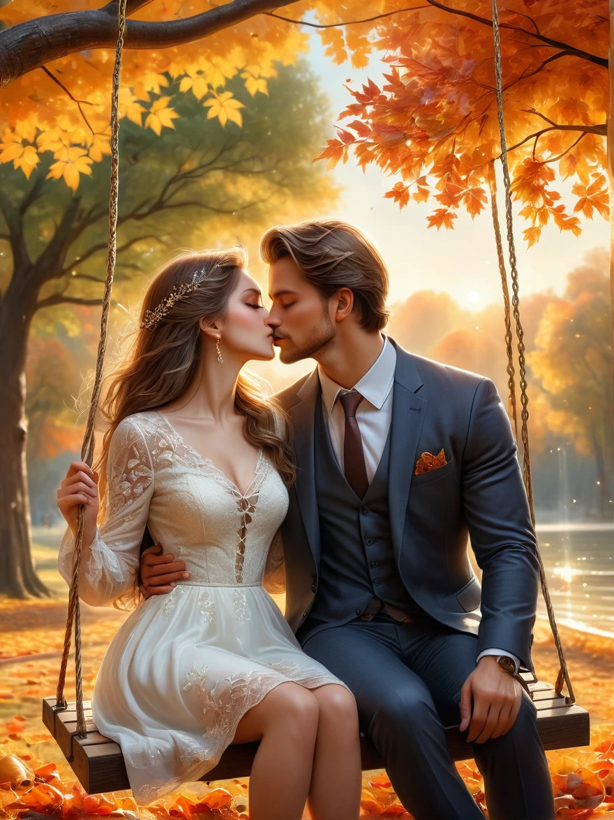 A photo of two people，A couple sitting on a swing in autumn，Passionate kisses，Stunning scenery，Golden autumn leaves，Beautiful detailed eyes，Beautiful detailed lips，extremelydetailedeyesandface，Long eyelashes，Cozy Fall Outfits，Warm colors，Sunlight through the trees，breeze，picturesque park，Romantic Mood，Tranquil Background，(Best quality，8k，high resolution，masterpiece), Ultra Detailed, (Realism，照片Realism)，HDR，UHD，Studio Lighting，Super Fine，Sharp Focus，Physically Based Rendering，Extremely detailed description，major，Vivid colors，blur background