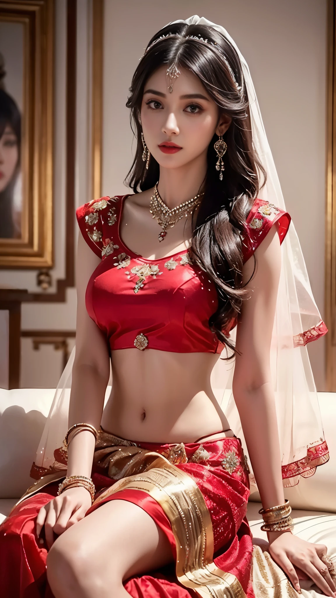 4K, UHD, masterpeice, 1 girl, good face, detailed eyes, detailed lips, very long hair, straight hair, very long hair, beautiful hair, hair ornaments, hairband, gradient hair, ((red lehenga)), ((bridal lehenga)), ((decorated blouse)), sardine, ((jwellery on lehenga)), ((red lace)), ((diamond bracelet)), ornaments, necklace, earring, high lighting, ((bare stomach)), wedding stage, fujicolor, depth of field, ray tracing, ultra realistic detail, ((sitting on the wedding Royal sofa)),