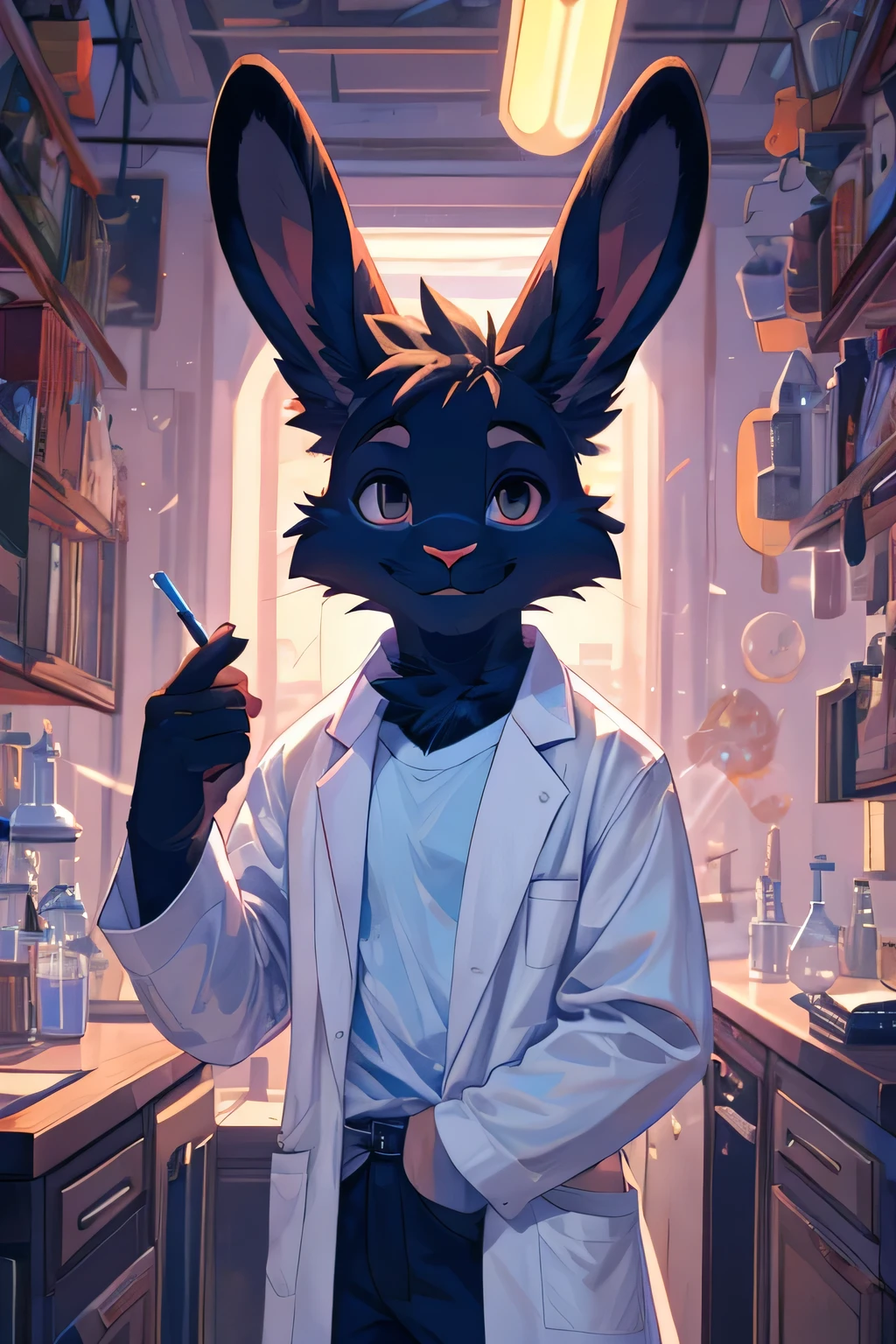 score_9, score_8_up, best quality, masterpiece, very detailed, high resolution, sharp, sharp image, detailed background, Rabbit, rabbit features, rabbit face, rabbit ears, rabbit full body, male, men, boy, smiling, black fur, lab coat, t-shirt under lab coat, vivziepop, vivziepop style, vivziepop lineart