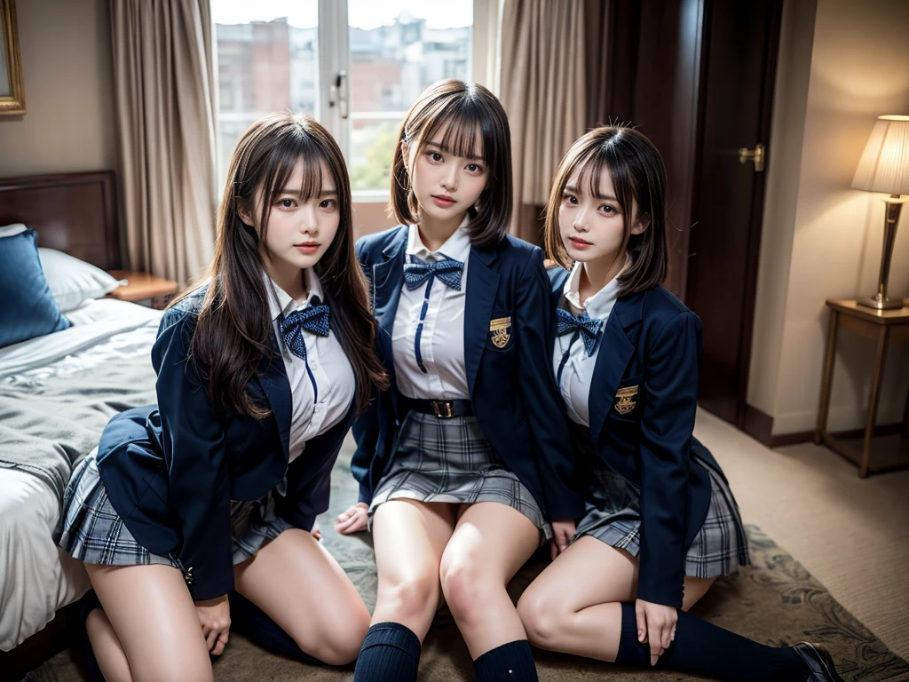 (8K, Raw photography, top-quality, ​masterpiece:1.2), master piece, best quality, illustration, Super detailed, fine details, High resolution, 8K,wall paper, perfect dynamic composition,(Details High quality, realistic depiction of eyes:1.3), ((2 girls, 2 schoolgirls)), The background is a luxury hotel room、High school girl uniform、blazer 、Super Short Check Uniform Skirt、Navy blue high socks、garterbelts、Colossal tits、Disturbed uniform, Play with each other,Touching each other's bodies,Touching the body of the girl next door, short bob hair, black hair color, huge breasts, Big Natural Color Lip, bold sexy pose, (perfect body shape), crying a little、cold gaze,  Beautiful makeup,glitter makeup,Cutest 18 years old, beautiful legs, hposing Gravure Idol, Voluptuous thighs