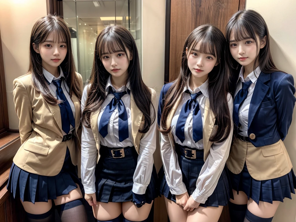 (8K, Raw photography, top-quality, masterpiece:1.2), master piece, best quality, illustration, Super detailed, fine details, High resolution, 8K,wall paper, perfect dynamic composition,(Details High quality, realistic depiction of eyes:1.3), ((2 girls, 2 schoolgirls)), The background is a luxury hotel room、High school girl uniform、blazer 、Super Short Check Uniform Skirt、Navy blue high socks、garterbelts、Colossal tits、Disturbed uniform, Play with each other,Touching each other's bodies,Touching the body of the girl next door, short bob hair, black hair color, huge breasts, Big Natural Color Lip, bold sexy pose, (perfect body shape), crying a little、cold gaze, Beautiful makeup,glitter makeup,Cutest 18 years old, beautiful legs, hposing Gravure Idol, Voluptuous thighs
