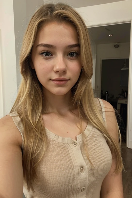 a selfie of a pretty young woman, 18years-old , taken with iphone camera, with blonde hair