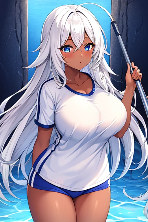 1girl, dark skin, dark-skinned female, blue eyes, white hair, long hair, huge breasts, tall, tall female, white shirt, shirt, gym uniform, sportswear, blue shorts, short pants, toned, standing, cowboy shot