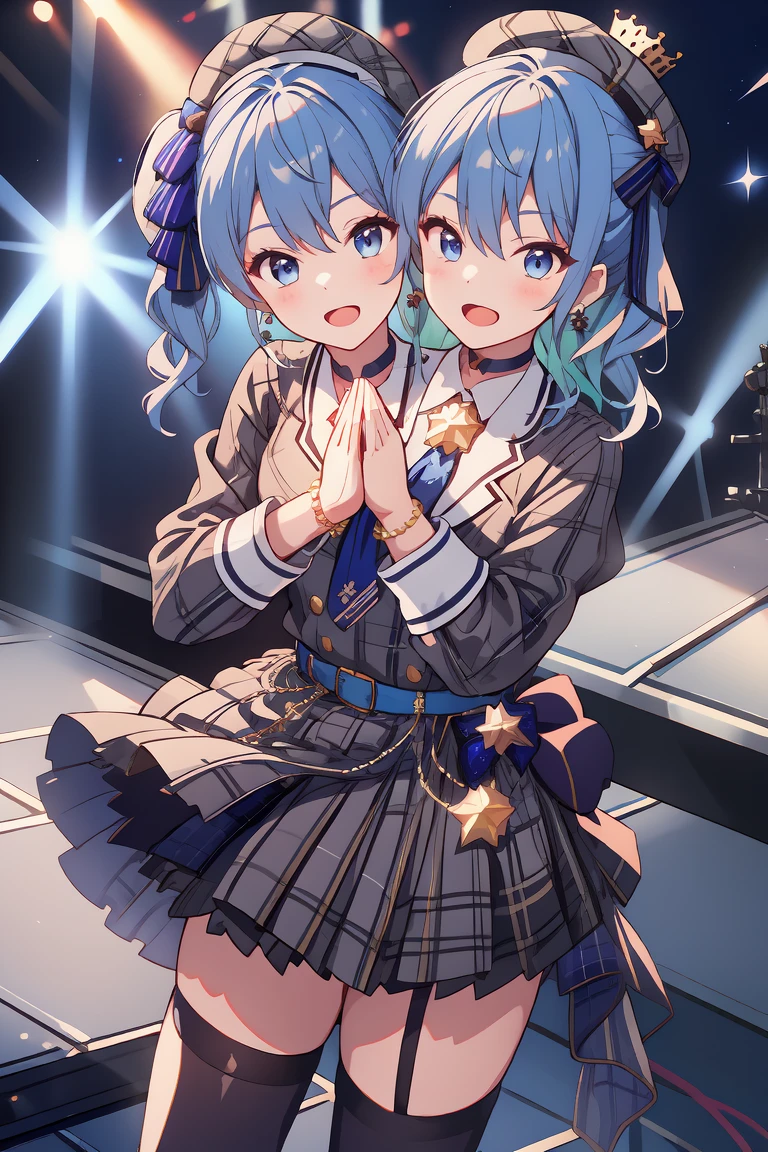 (masterpiece, best quality), best resolution, 16k, (2heads:1.5), close-up, 1girl, solo, HoshimachiSuisei, side ponytail, blue hair ribbon, SuiseiBase, plaid beret, crown, blue star choker, star earrings, blue ascot, plaid jacket, plaid skirt, layered skirt, partially fingerless gloves, star bracelet, uneven legwear, thigh strap, (standing, stand straight), look at viewer, ((own hands together, praying hangs)), ((cheek-to-cheek)), singing, open mouth, stable, concert stage, starfield, spotlight