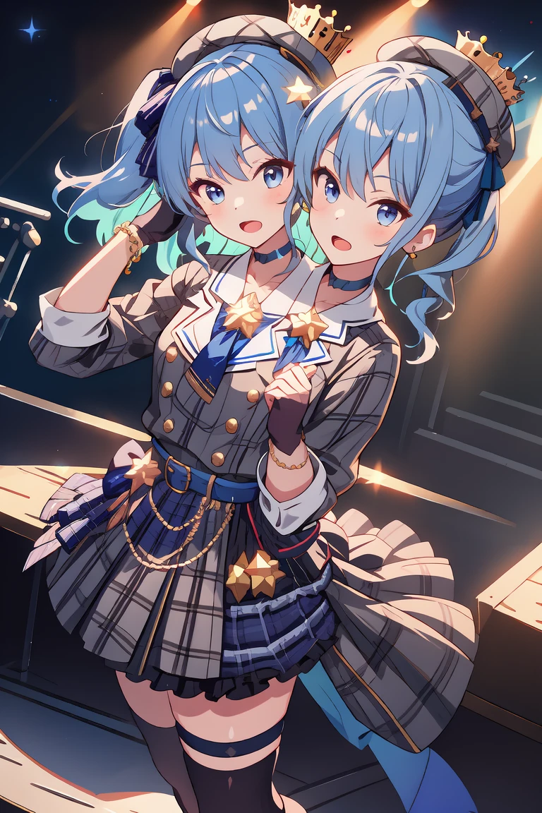(masterpiece, best quality), best resolution, 16k, (2heads:1.5), close-up, 1girl, solo, HoshimachiSuisei, side ponytail, blue hair ribbon, SuiseiBase, plaid beret, crown, blue star choker, star earrings, blue ascot, plaid jacket, plaid skirt, layered skirt, partially fingerless gloves, star bracelet, uneven legwear, thigh strap, (standing, stand straight), look at viewer, ((own hands together, praying hangs)), ((cheek-to-cheek)), singing, open mouth, stable, concert stage, starfield, spotlight