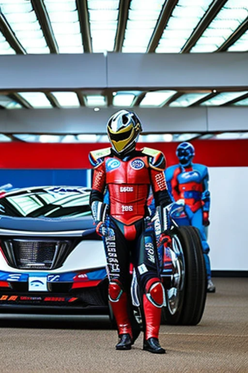 A cyborg like the Japanese special effects hero Kamen Rider, wearing a full-face cyber helmet and highly mobile armor.(In the center of the screen)