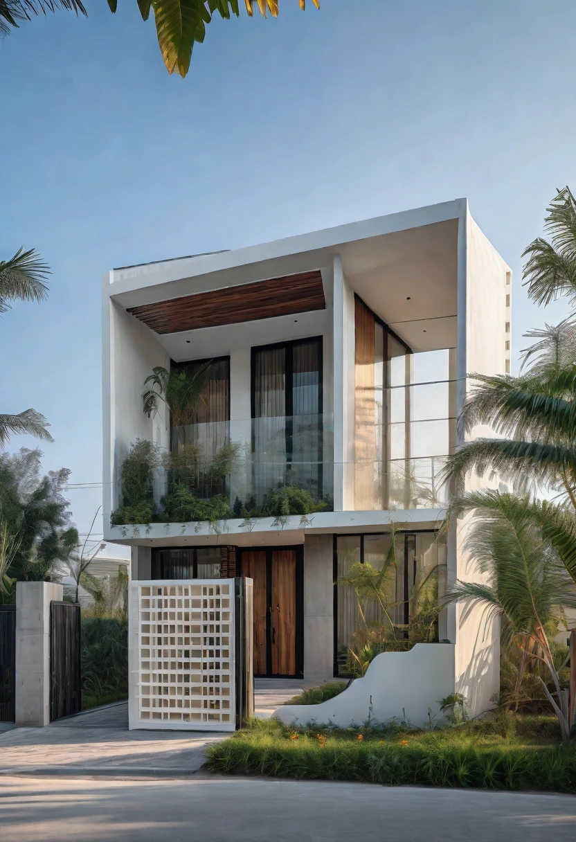 Ultra-realistic 8k, hd image quality, sharp detail, 2-story (((Church :1.3))) house, main materials: white walls, wooden ceiling accents, large glass windows, roads, cars, sidewalks, American Palm trees high, has a small alley, located in a residential area, modern style, shimmering sky, sunset light, feels peaceful, beautiful, close and warm, ((Warm light from indoor:1.3)), (daylight:1.2), perfect lighting,dynamic light,2 large glass doors,((1 large glass window:1.3)), (night light), (colorful flowers in front of the house)