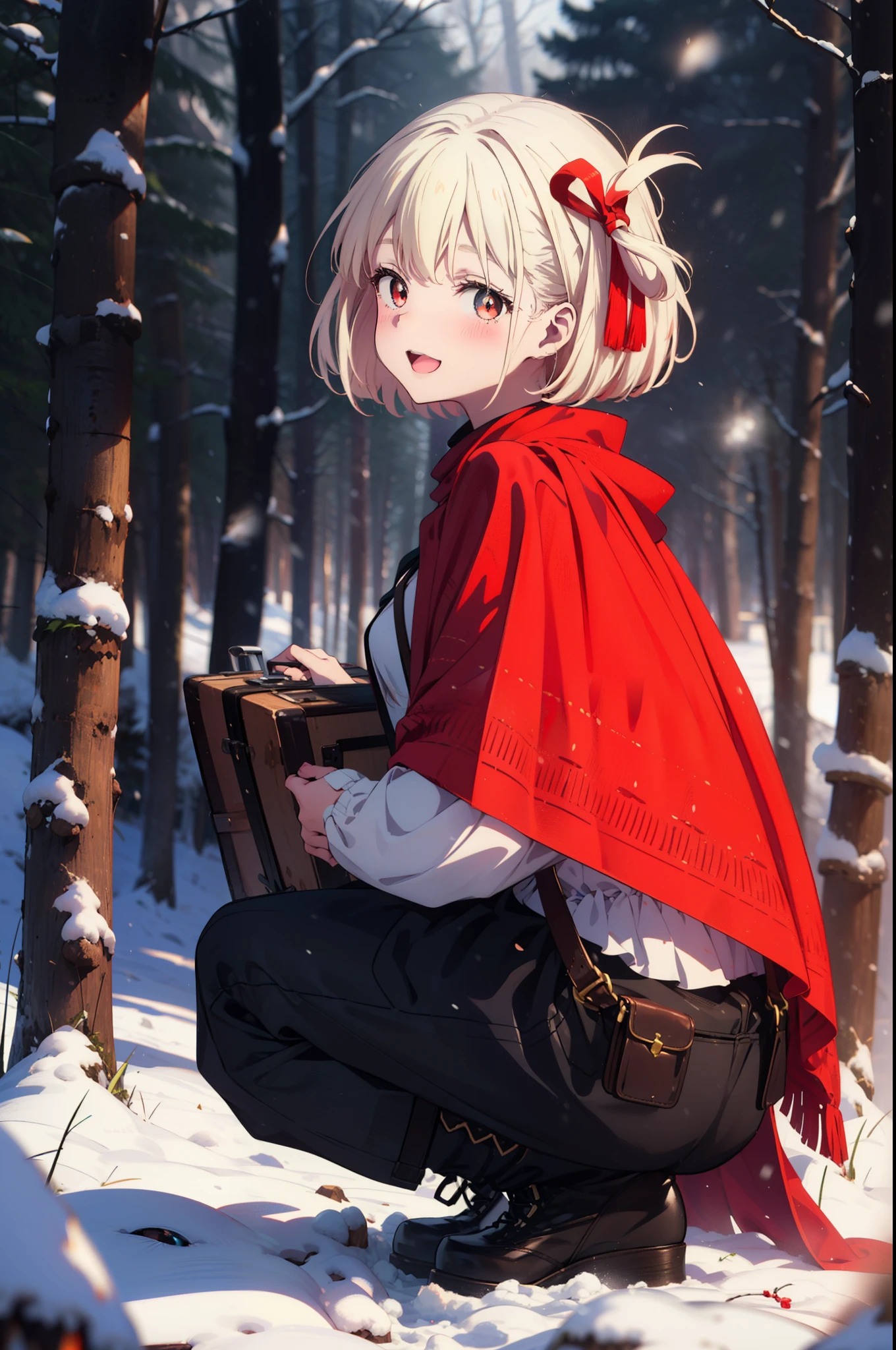 chisatonishikigi, Chisato Nishikigi, short hair, bangs, blonde, (Red eyes:1.5), Hair Ribbon, One side up, Bobcut,smile,blush,happy smile, smile, Open your mouth,
White Breath, Open your mouth,snow, Ground bonfire, Outdoor, boots, snowing, From the side, wood, suitcase, Cape, Blurred, Increase your meals, forest, White handbag, nature, Squat, Mouth closed, フードed Cape, winter, Written boundary depth, Black shoes, red Cape break looking at viewer, Upper Body, whole body, break Outdoor, forest, nature, break (masterpiece:1.2), highest quality, High resolution, unity 8k wallpaper, (shape:0.8), (Beautiful and beautiful eyes:1.6), Highly detailed face, Perfect lighting, Extremely detailed CG, (Perfect hands, Perfect Anatomy),