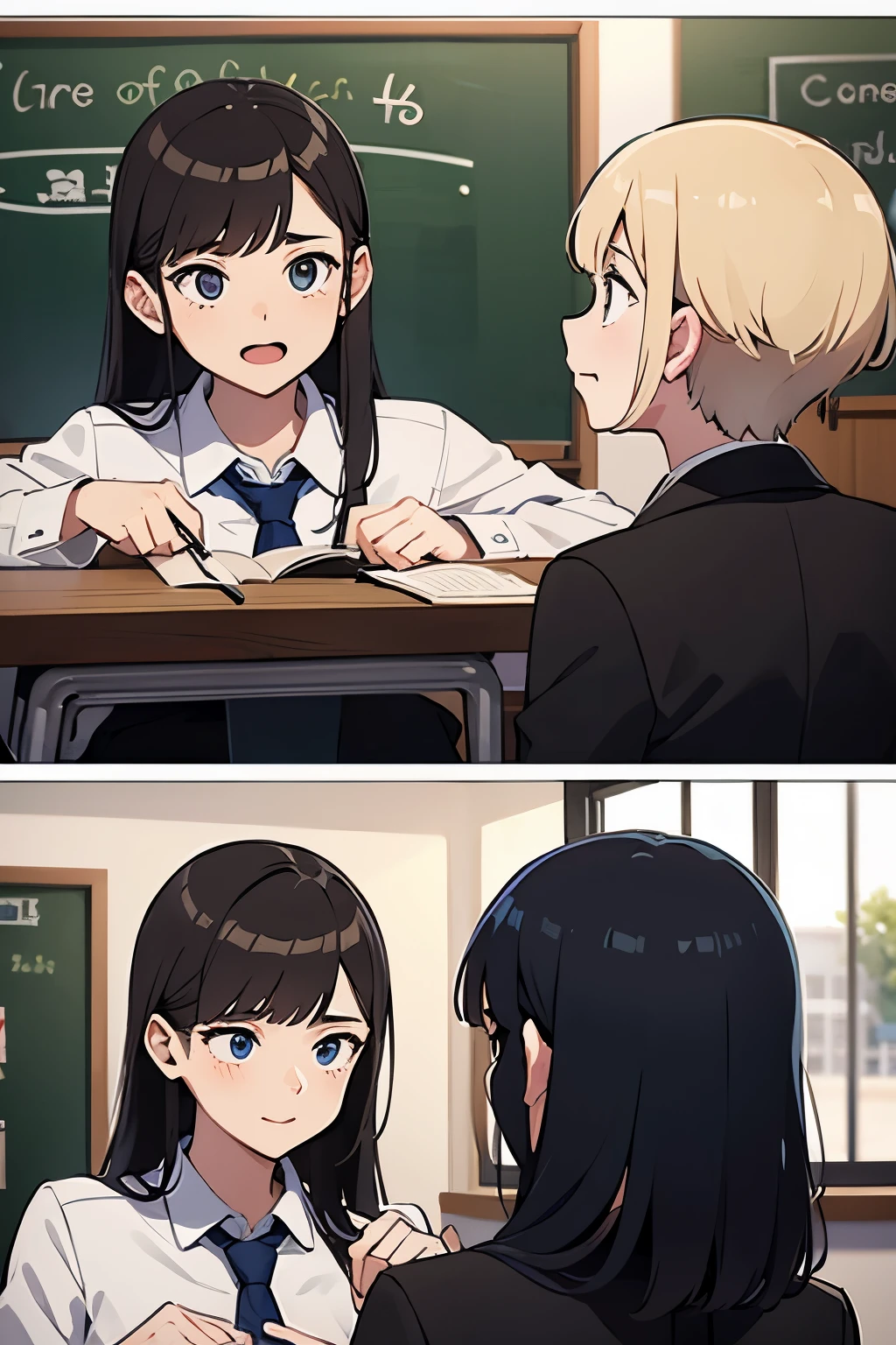 Comic strip style 2 students talking to one another and one teacher

